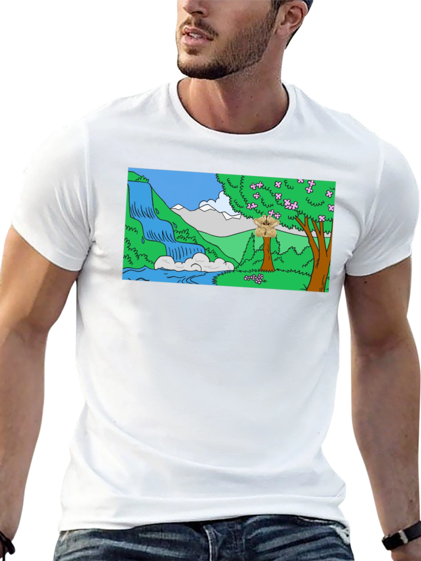 Cartoon Waterfall Scene Black T-Shirt