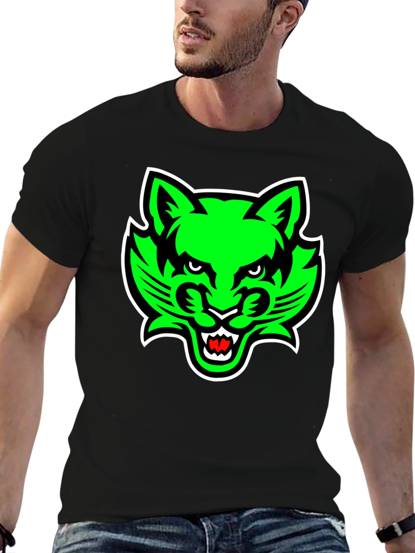 Mens Black T-Shirt with Green Cat Graphic