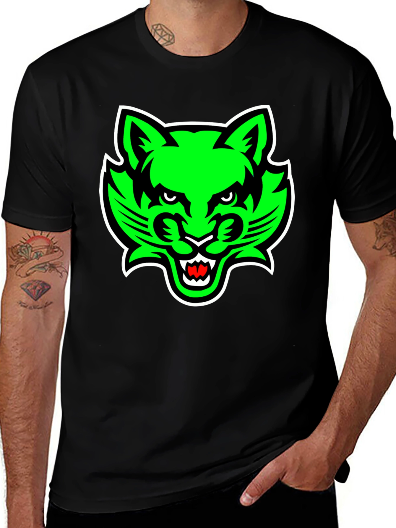 Mens Black T-Shirt with Green Cat Graphic