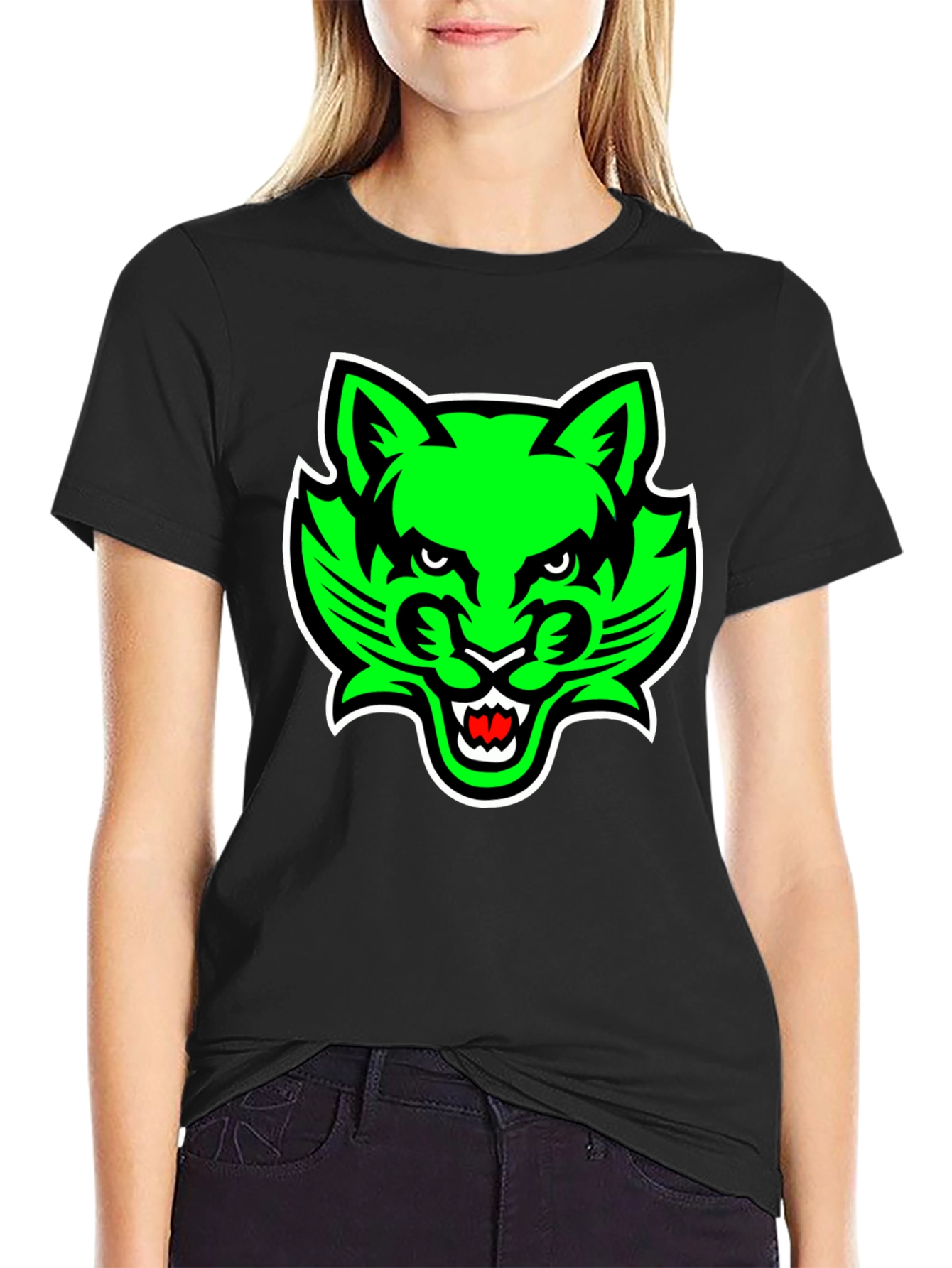 Mens Black T-Shirt with Green Cat Graphic