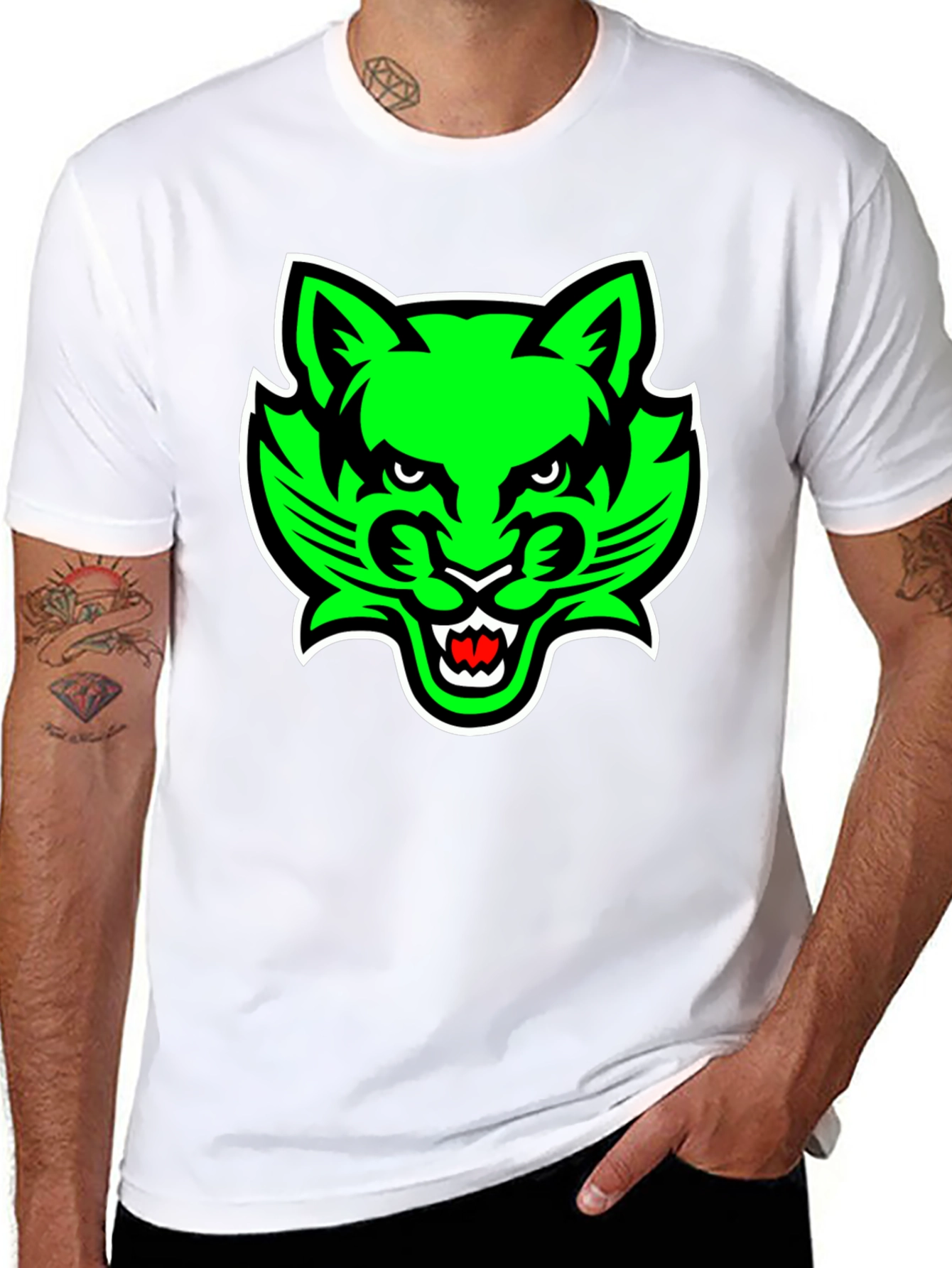 Mens Black T-Shirt with Green Cat Graphic