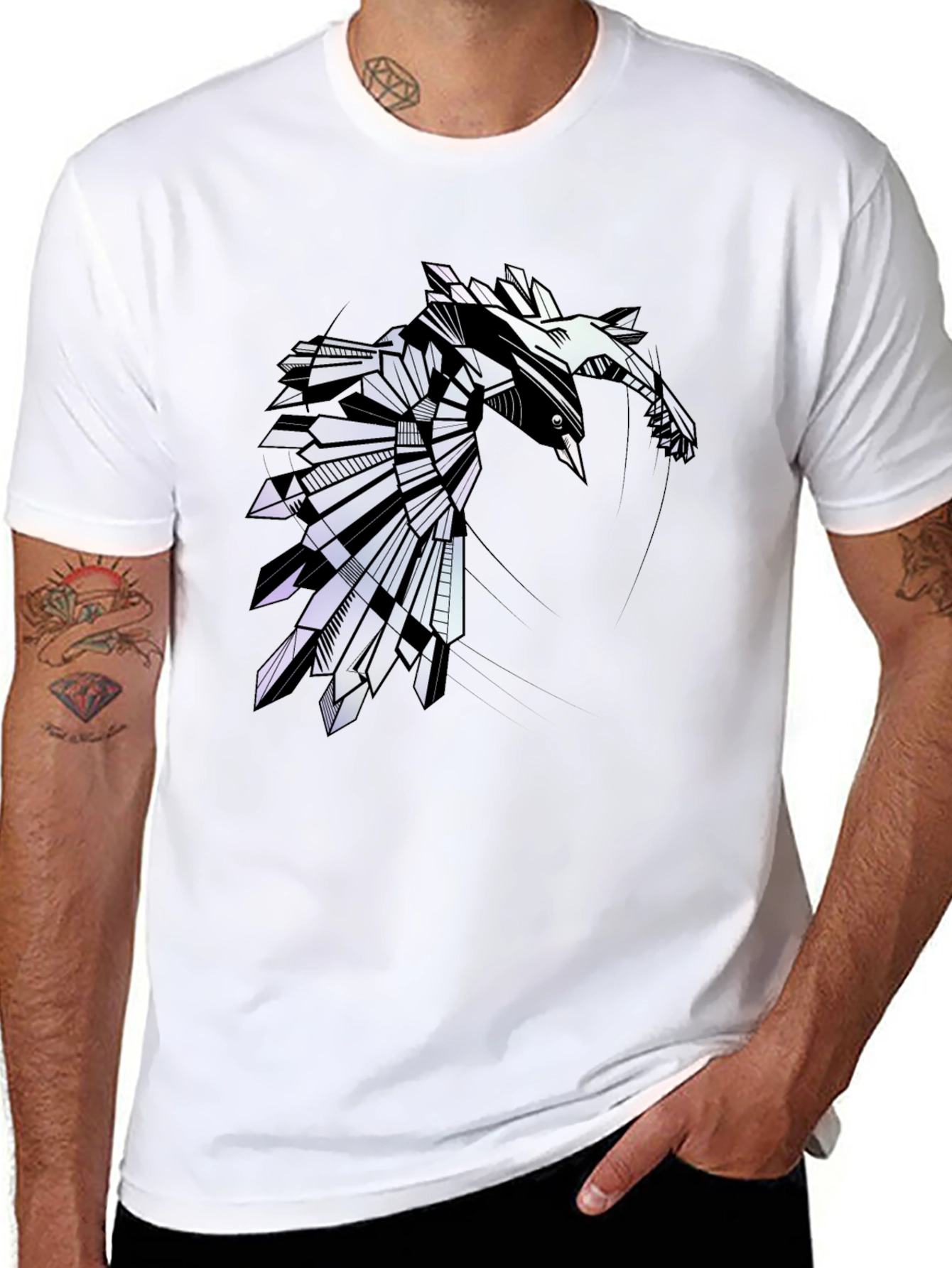 Geometric Raven Graphic Tee - Modern Bird Design