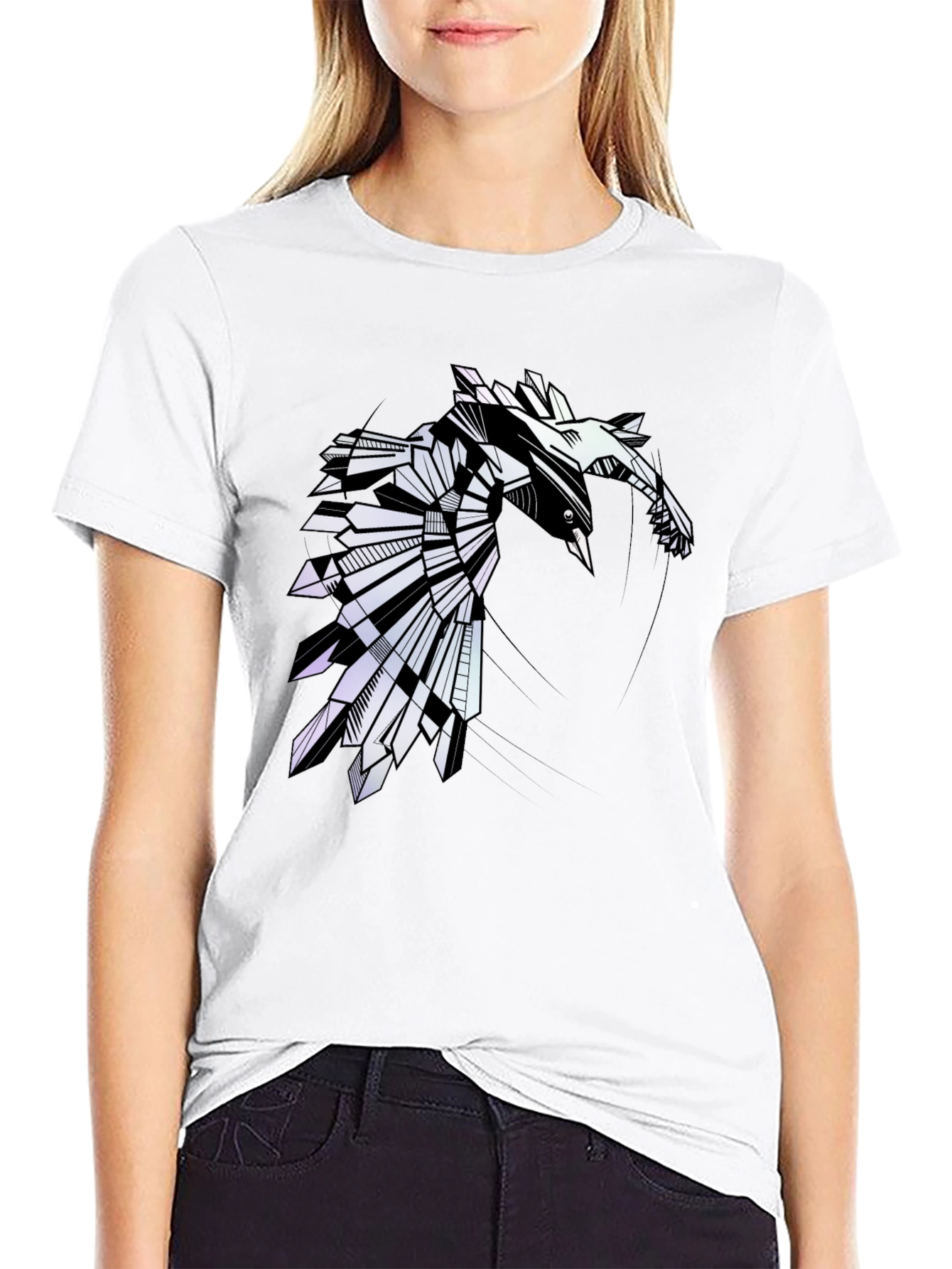 Geometric Raven Graphic Tee - Modern Bird Design
