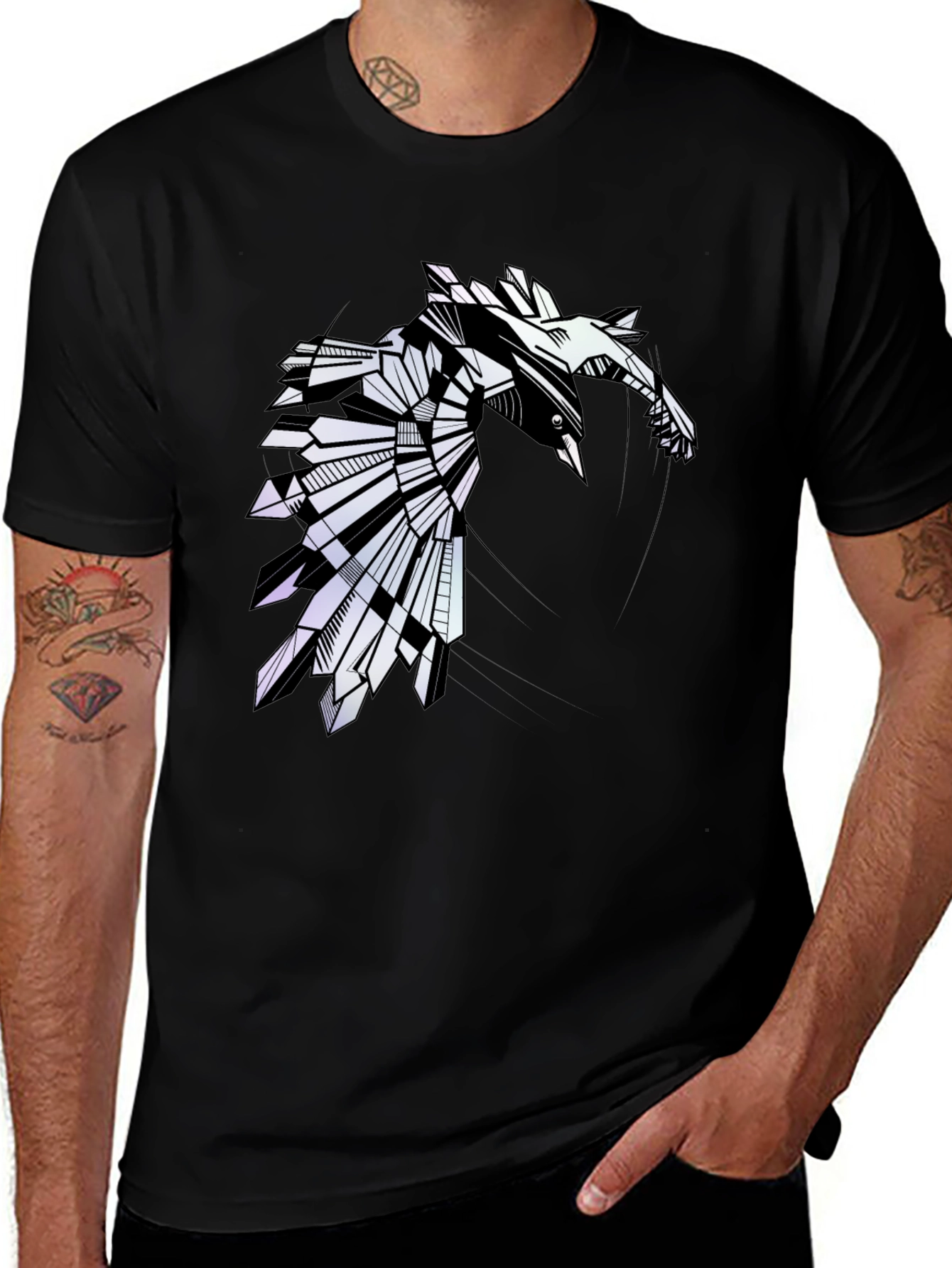 Geometric Raven Graphic Tee - Modern Bird Design