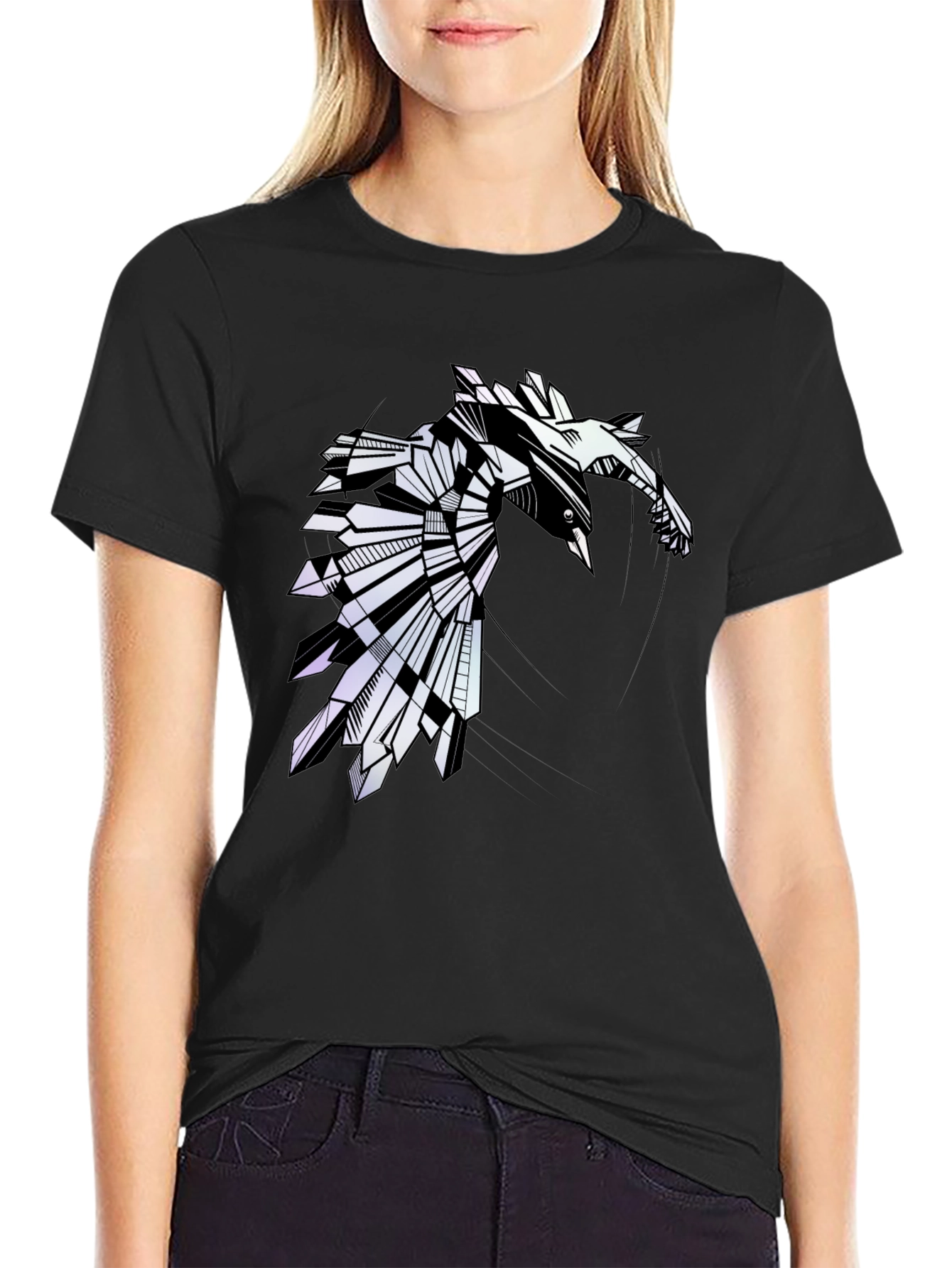 Geometric Raven Graphic Tee - Modern Bird Design