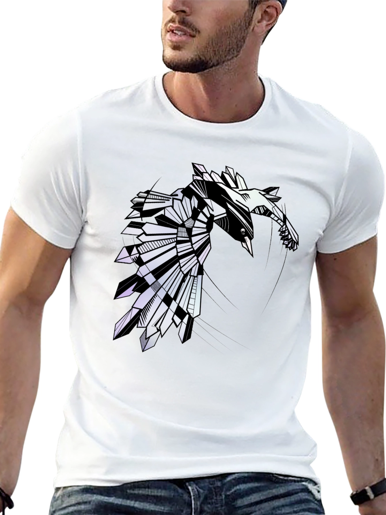 Geometric Raven Graphic Tee - Modern Bird Design