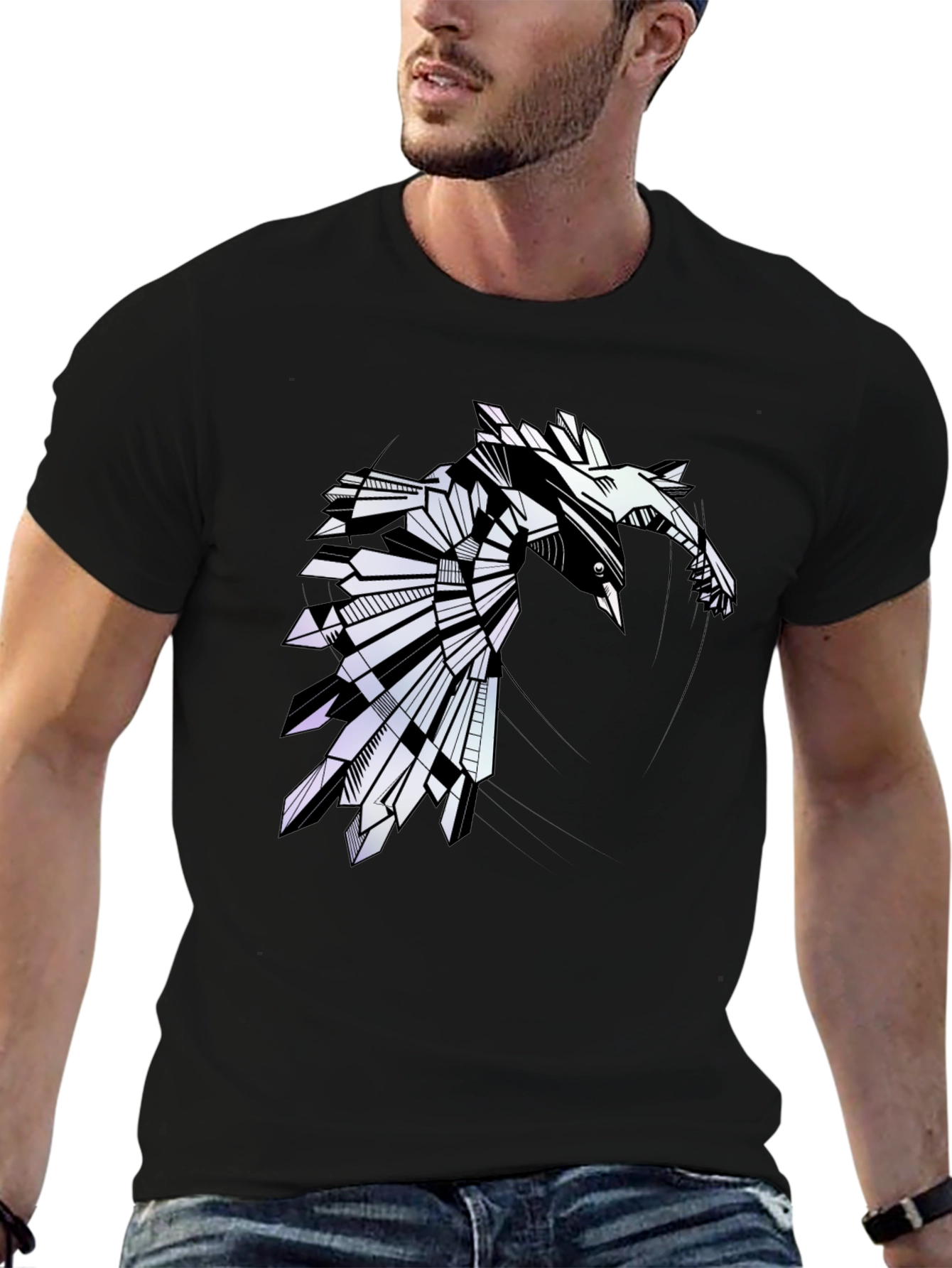 Geometric Raven Graphic Tee - Modern Bird Design