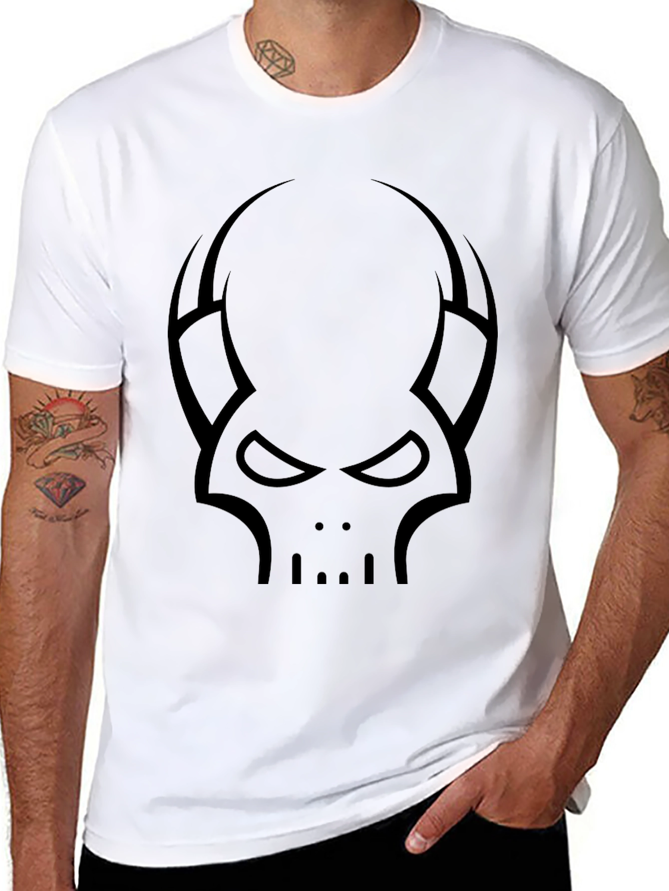 Skull Horns Graphic Tee - Black Cotton Casual