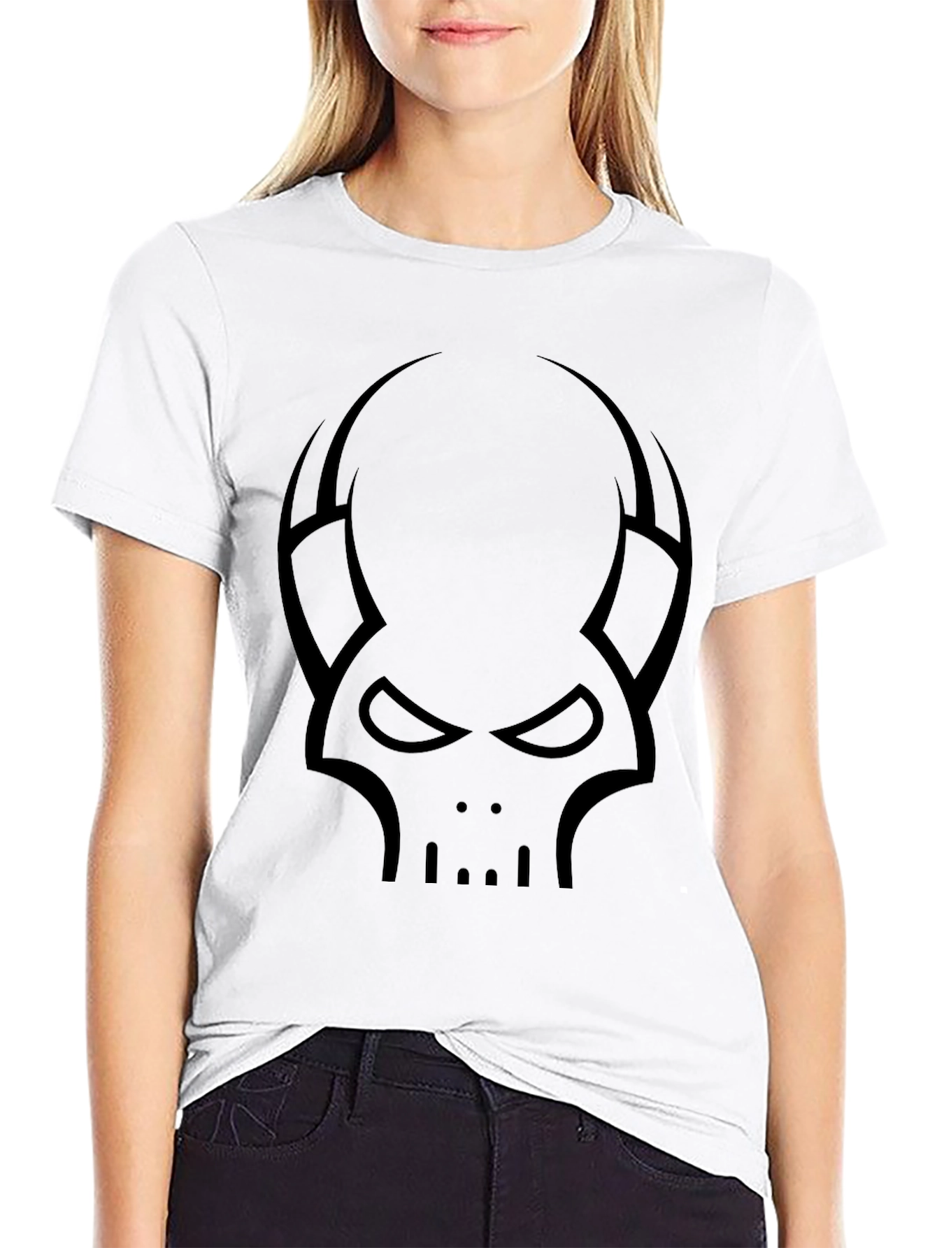 Skull Horns Graphic Tee - Black Cotton Casual