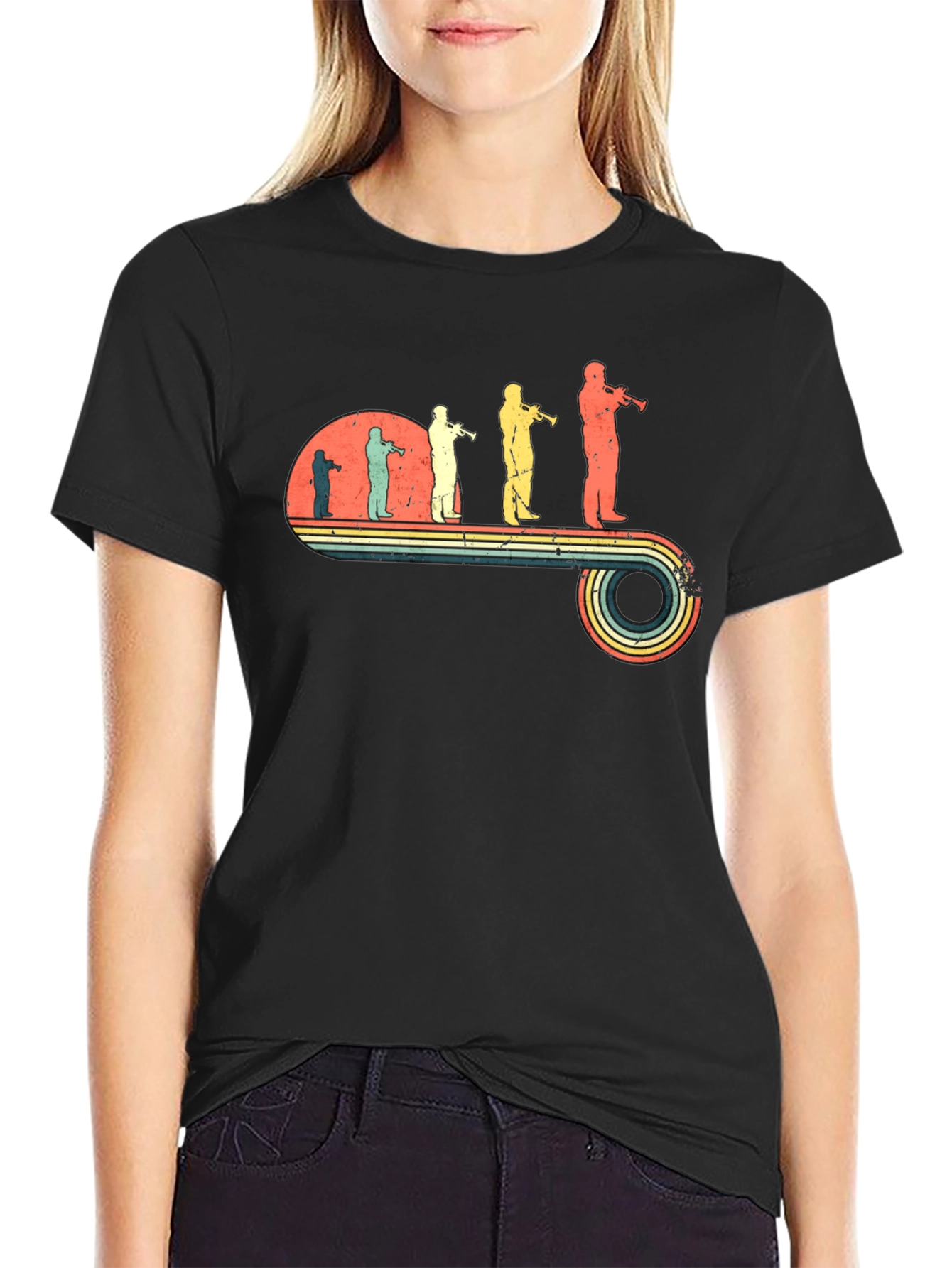 Trumpet Player Retro Evolution Black T-Shirt
