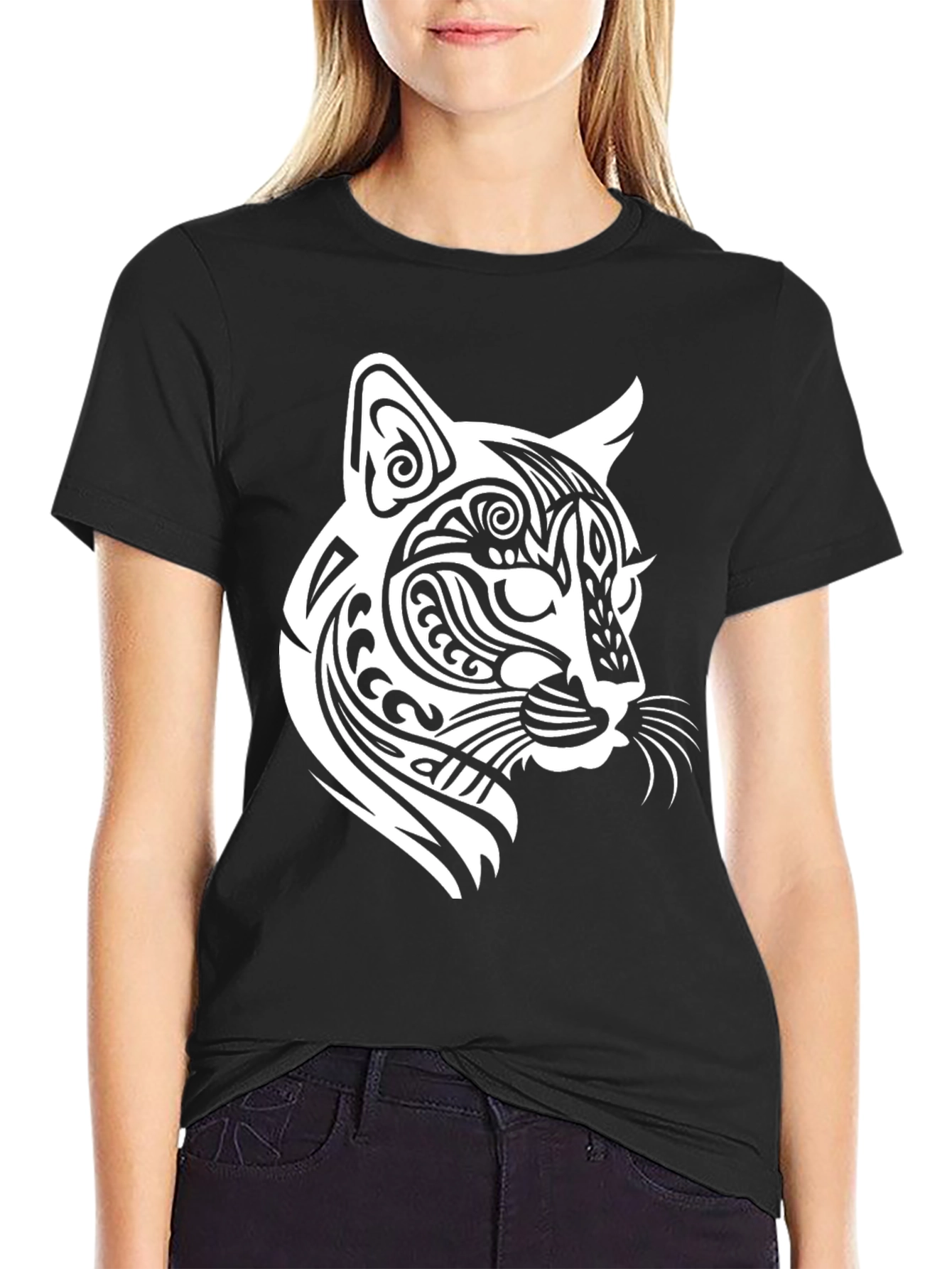 Tribal Cat Graphic T-Shirt - Bold Black Tee