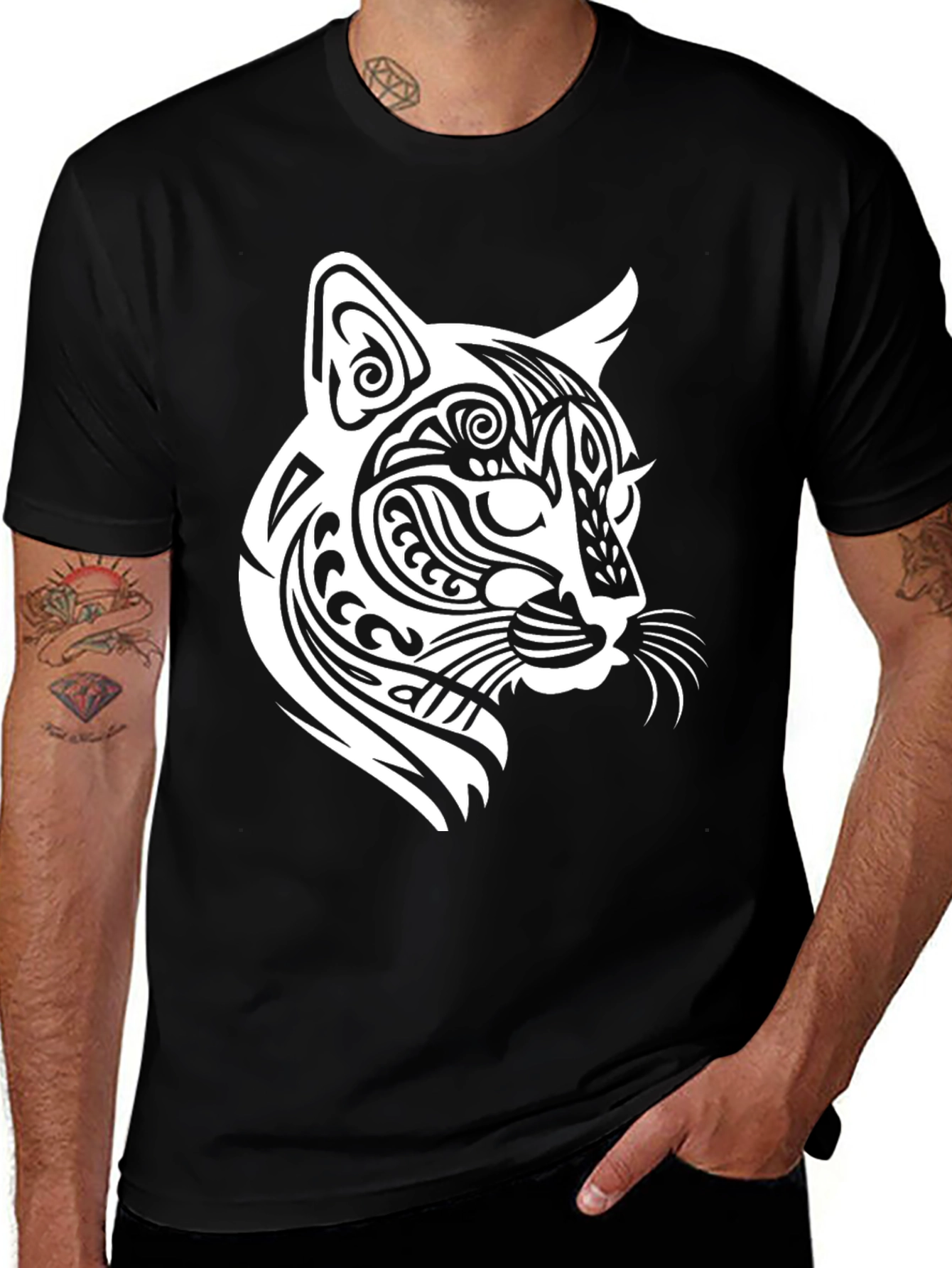 Tribal Cat Graphic T-Shirt - Bold Black Tee