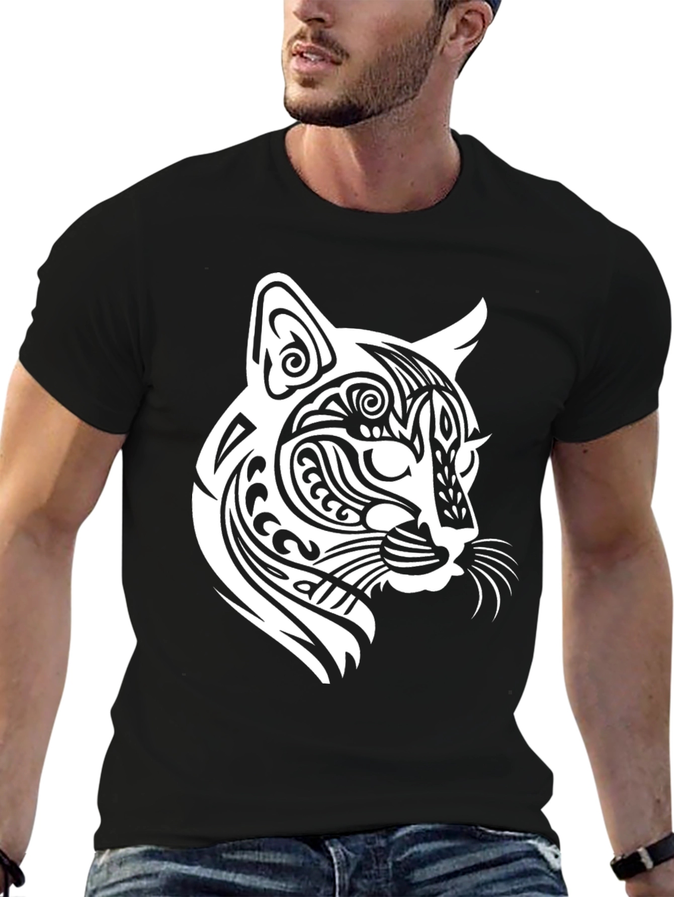 Tribal Cat Graphic T-Shirt - Bold Black Tee