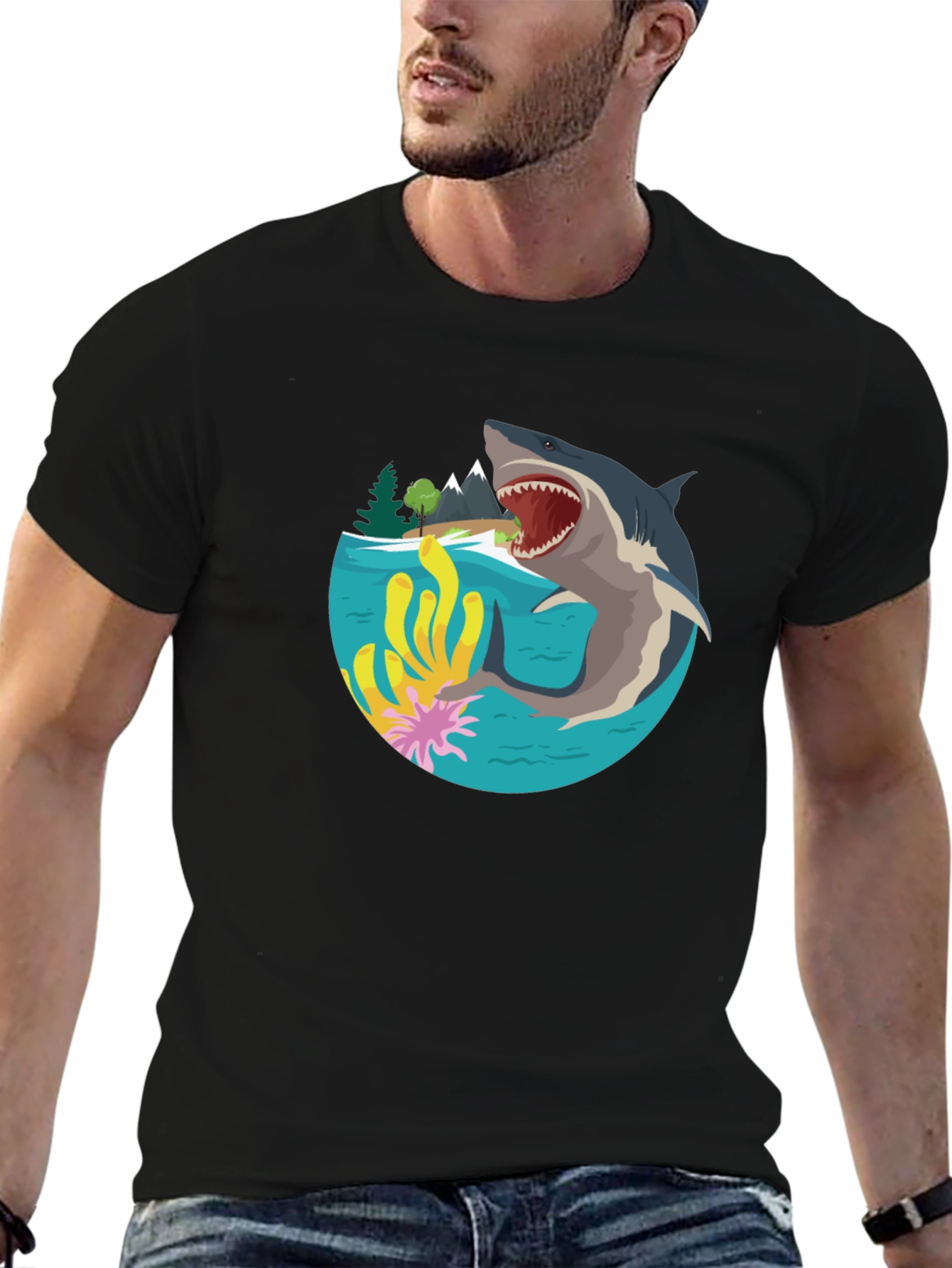 Shark Graphic Print T-Shirt - Black