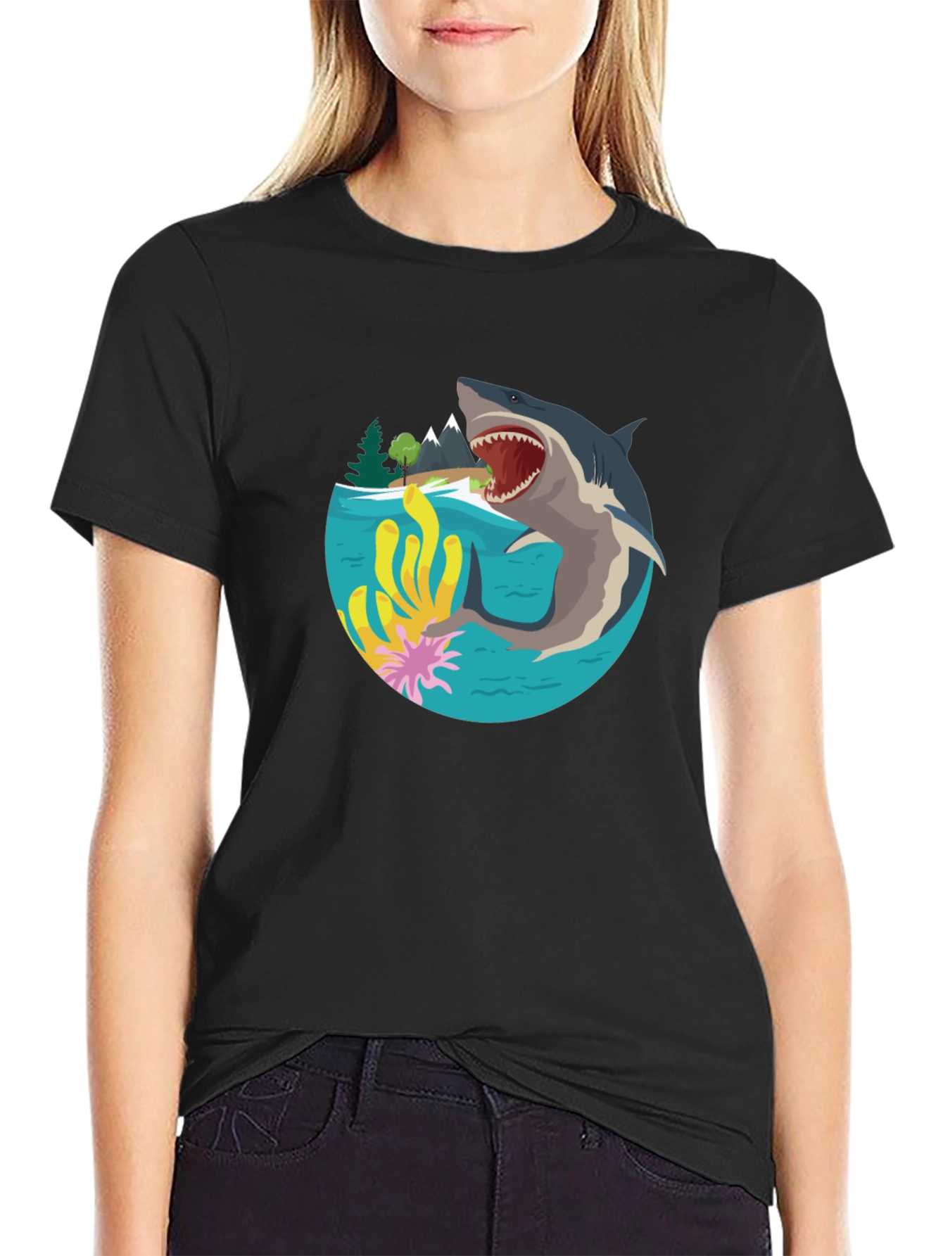 Shark Graphic Print T-Shirt - Black