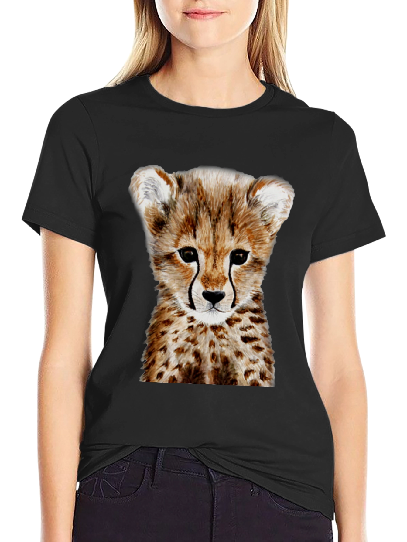 Cheetah Cub Graphic Tee - Black Cotton T-Shirt