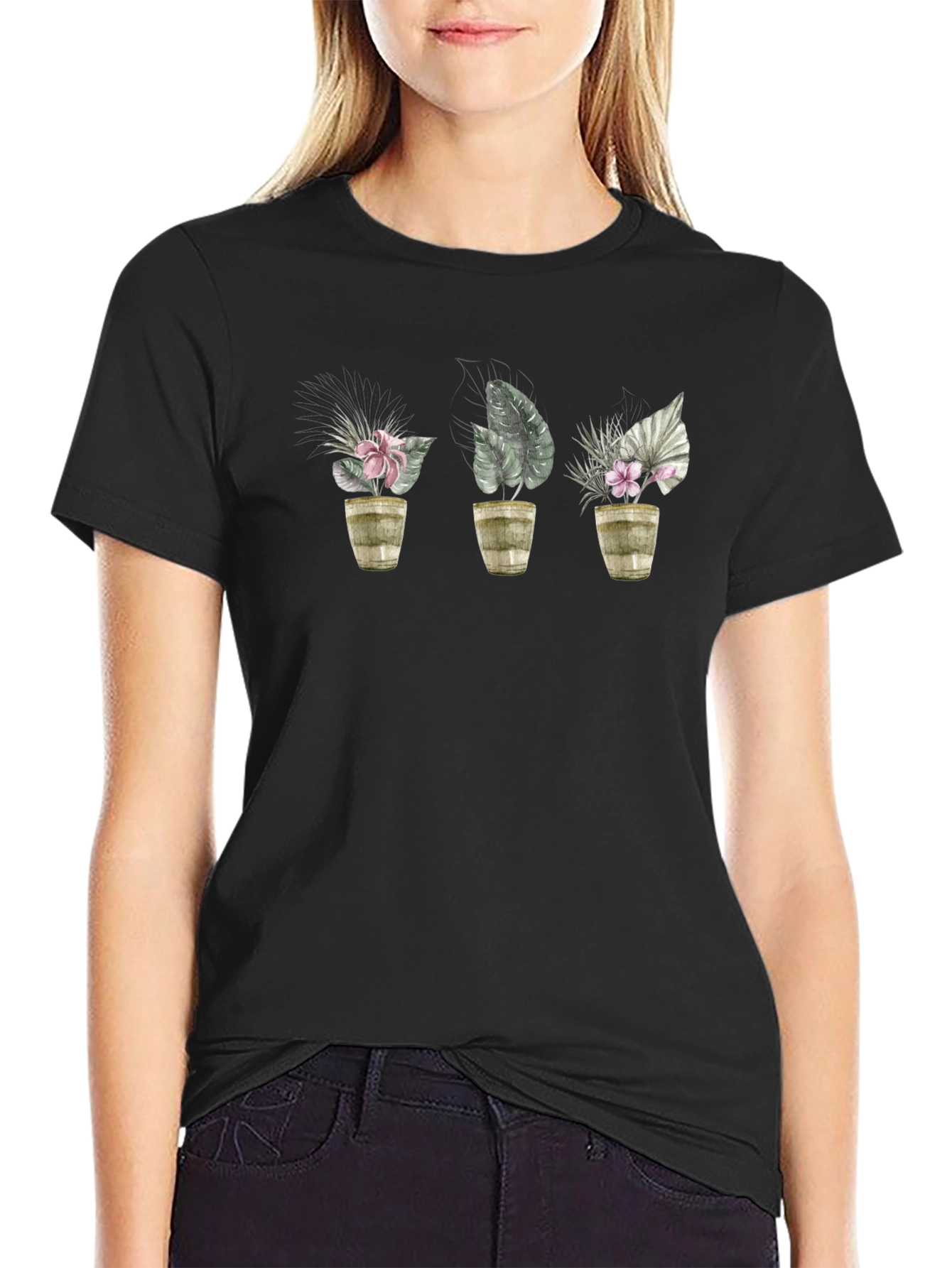 Floral Potted Plants Black T-Shirt