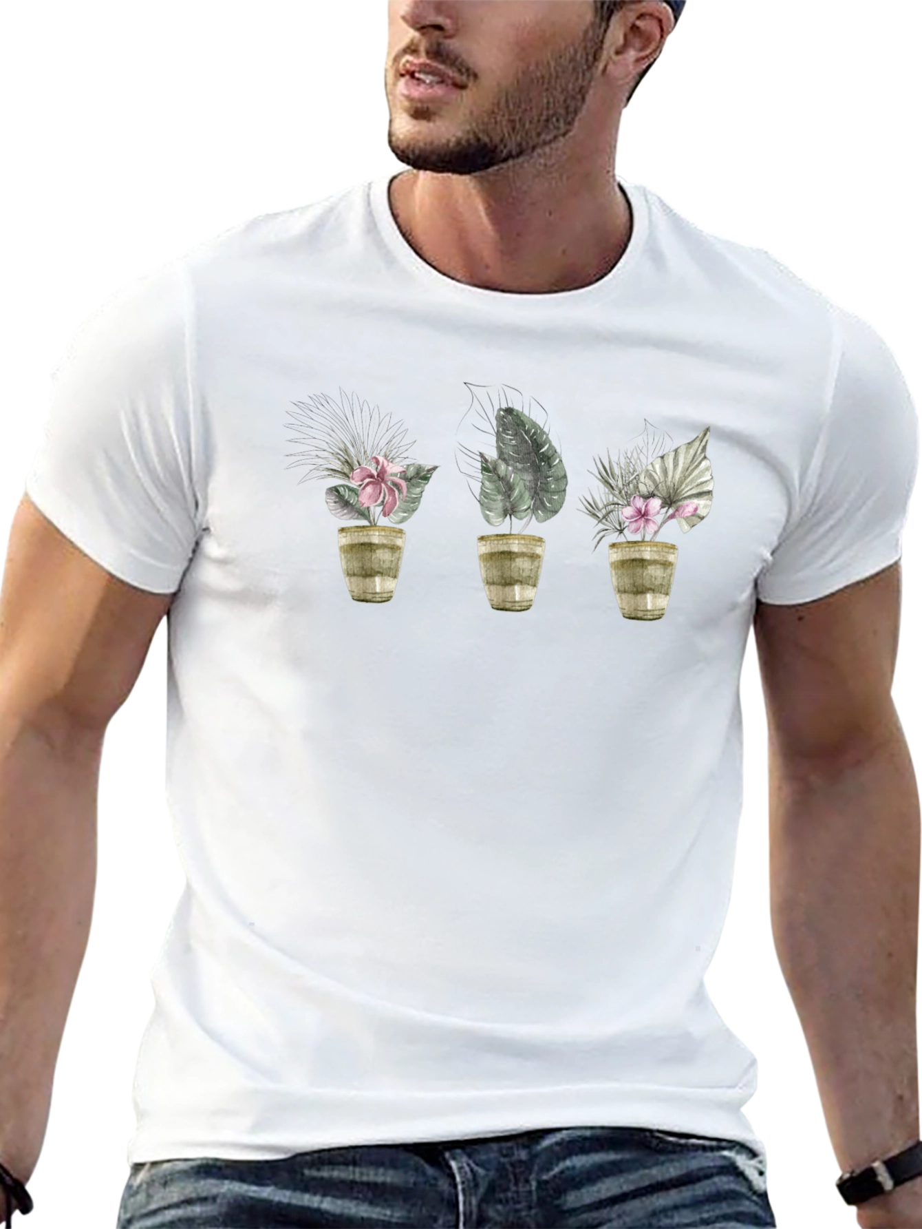 Floral Potted Plants Black T-Shirt