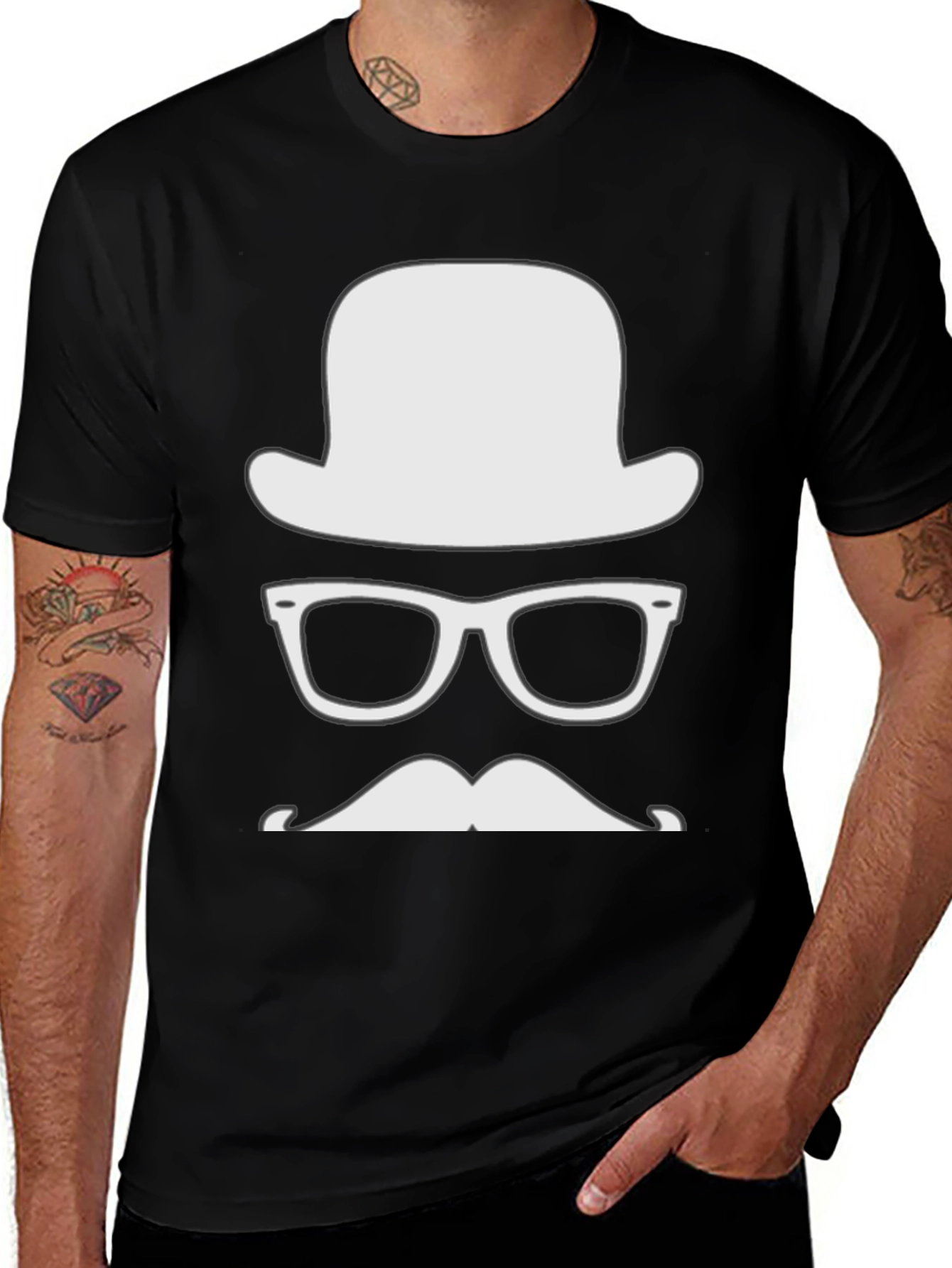 Mens Hipster Graphic Tee - Hat Glasses Mustache