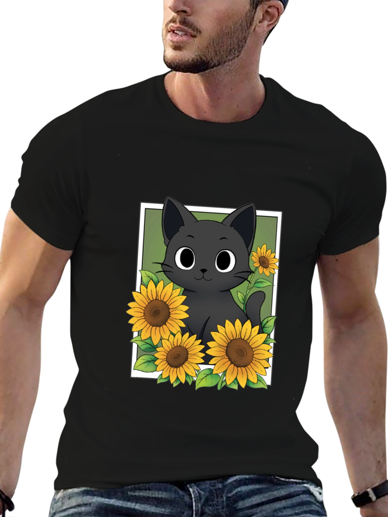 Black Cat Sunflower Graphic T-Shirt