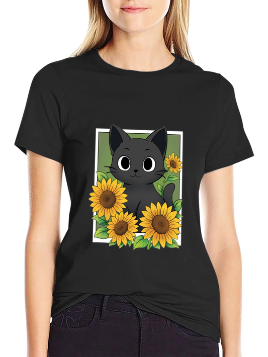 Black Cat Sunflower Graphic T-Shirt