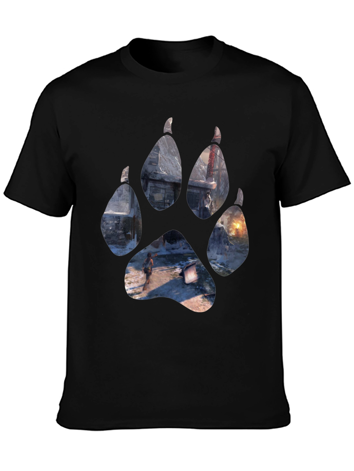 Wolf Paw Print Game Graphic Black T-Shirt