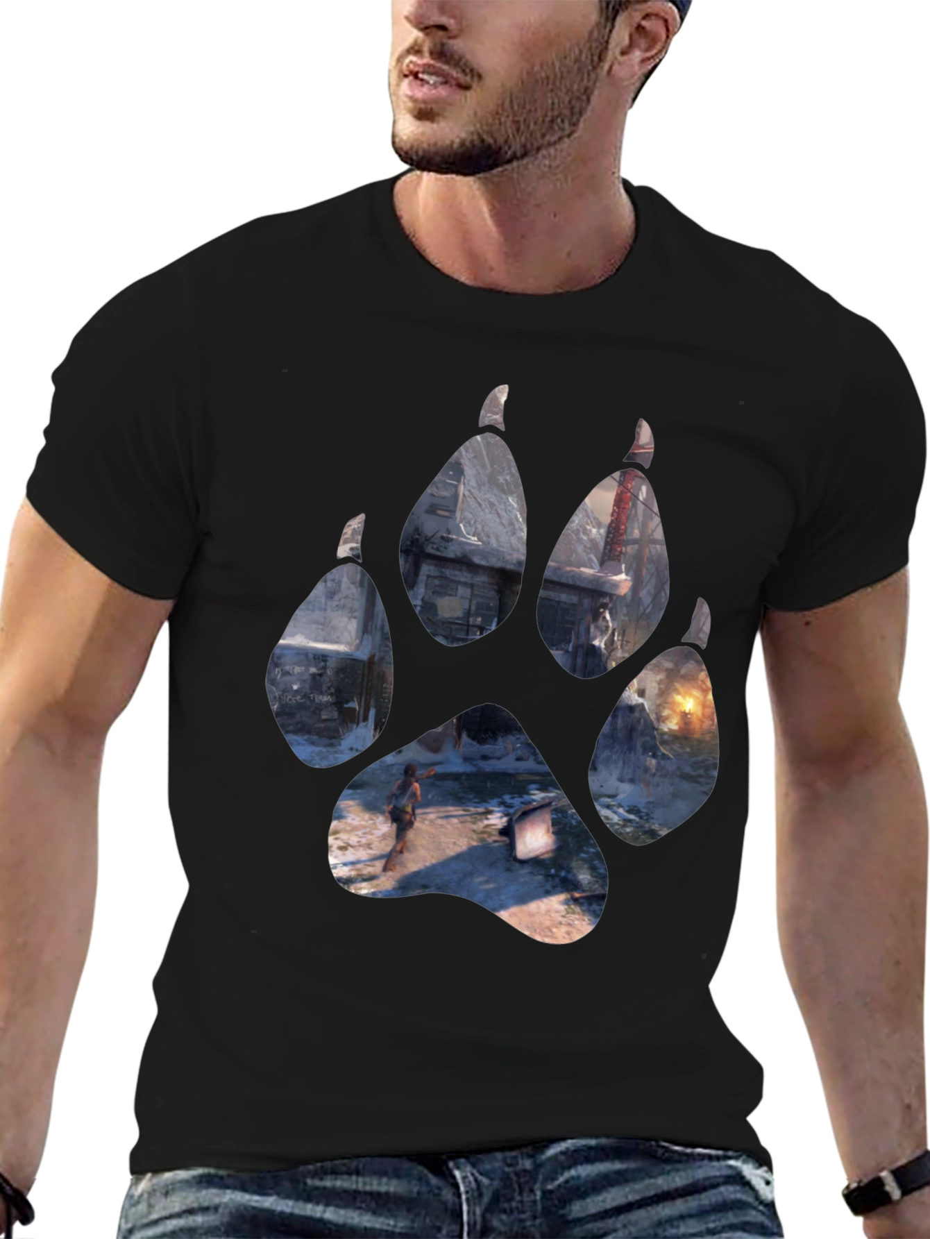 Wolf Paw Print Game Graphic Black T-Shirt