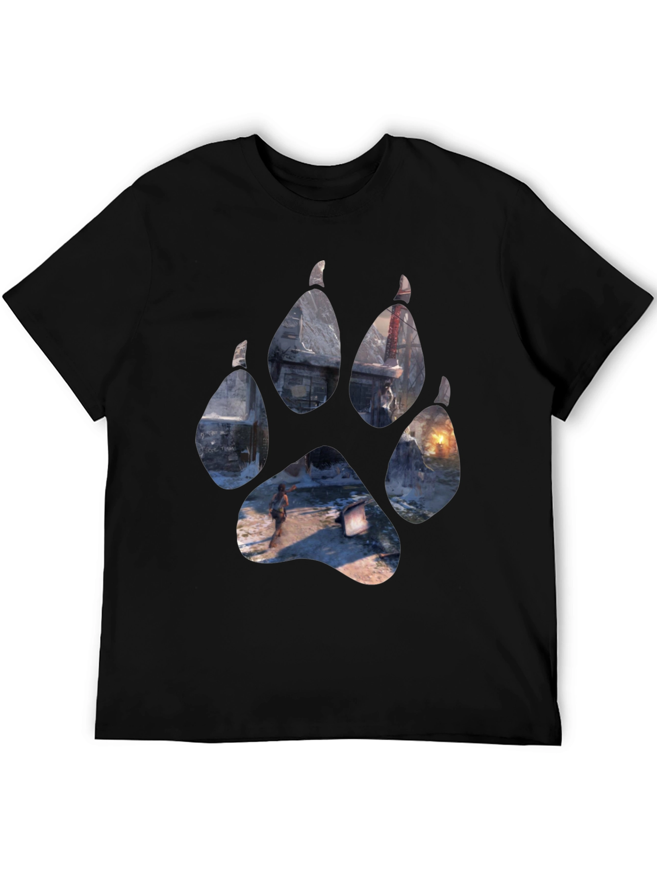 Wolf Paw Print Game Graphic Black T-Shirt