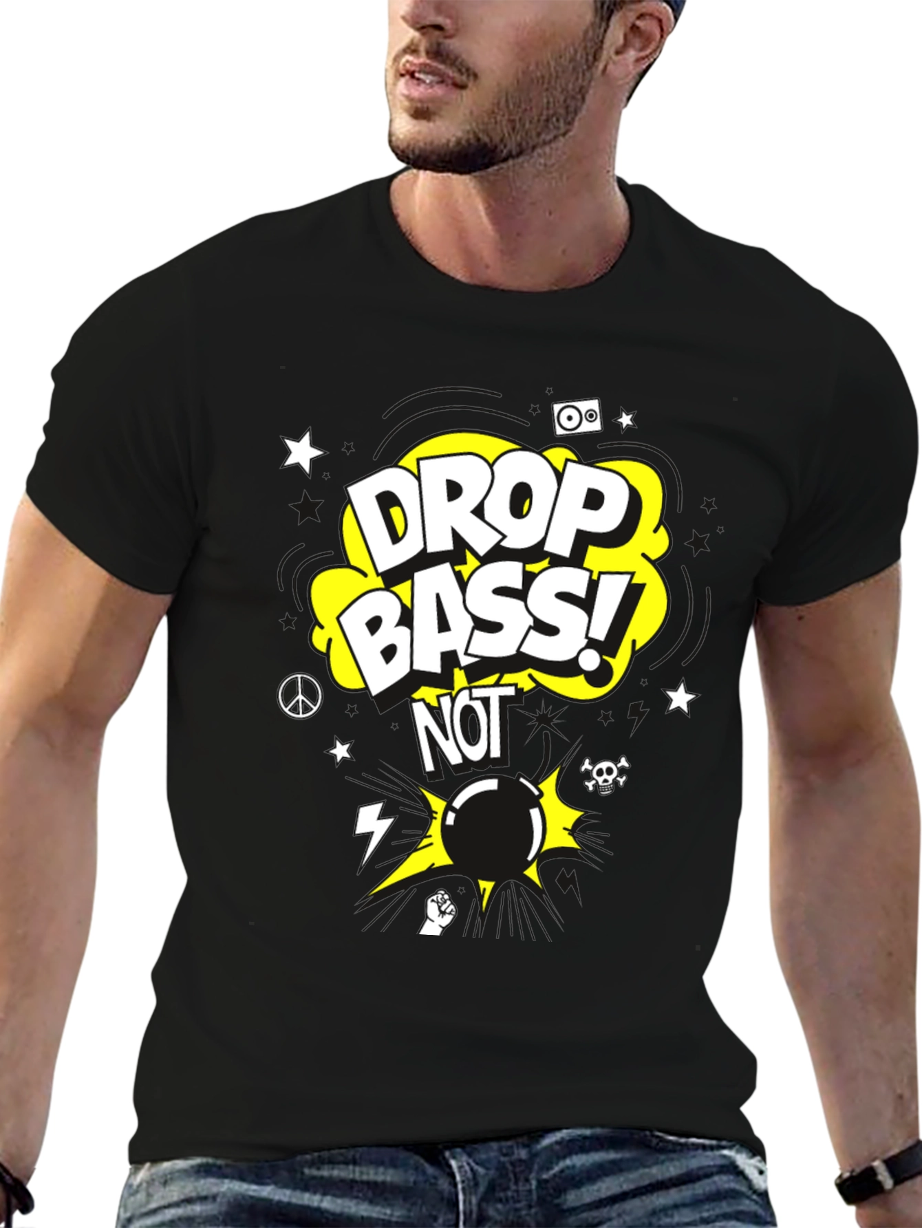 Drop Bass NOT Bomb Graphic Black T-Shirt