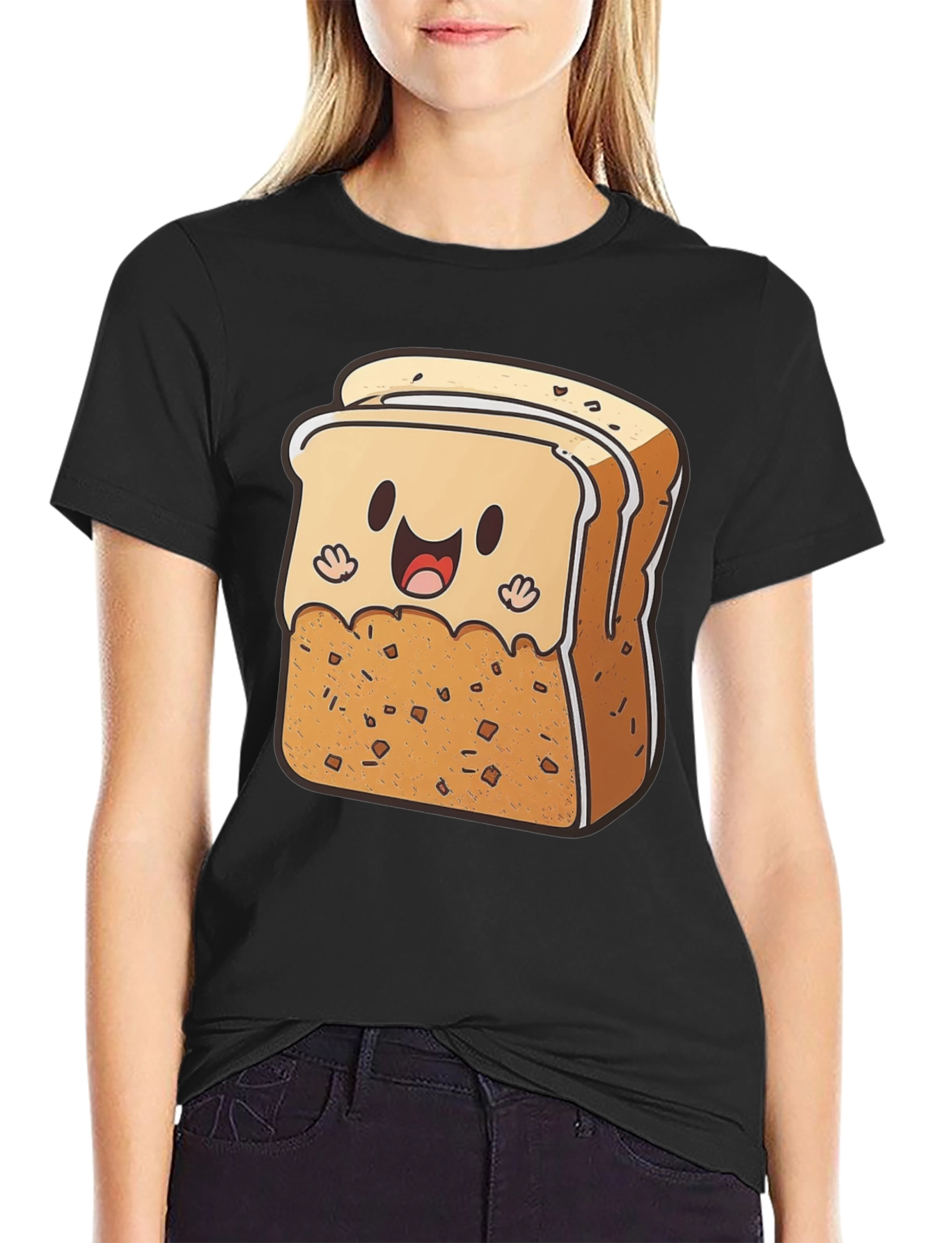 Cute Toast Cartoon Black T-Shirt
