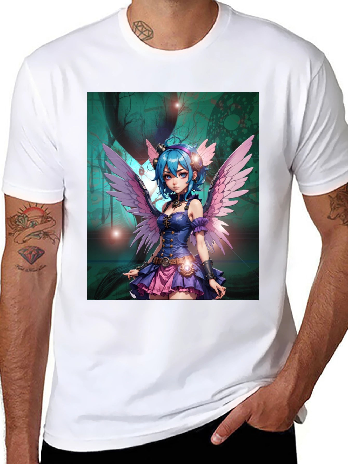 Anime Fairy Graphic Tee - Steampunk Wings Black T-Shirt