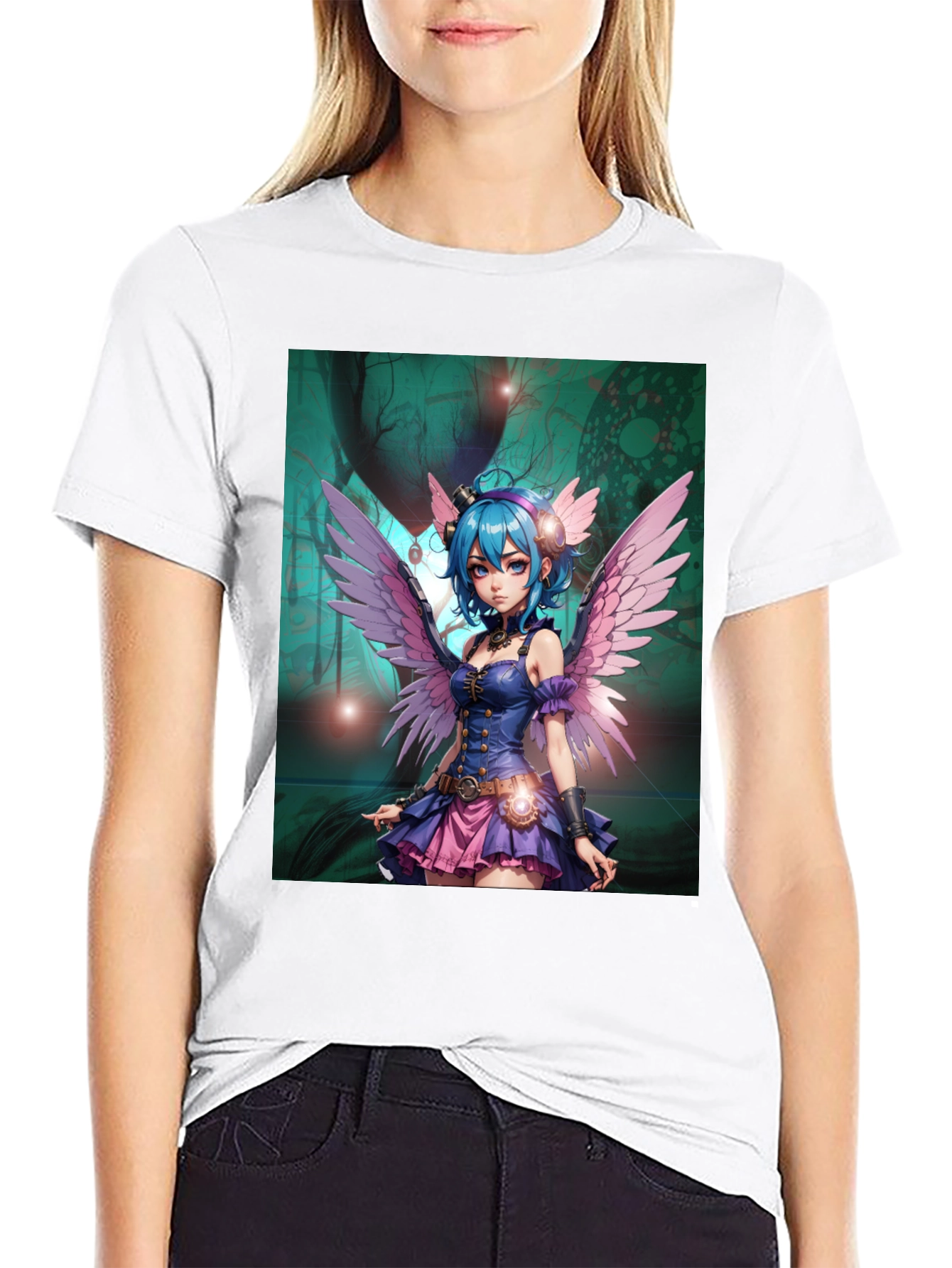 Anime Fairy Graphic Tee - Steampunk Wings Black T-Shirt
