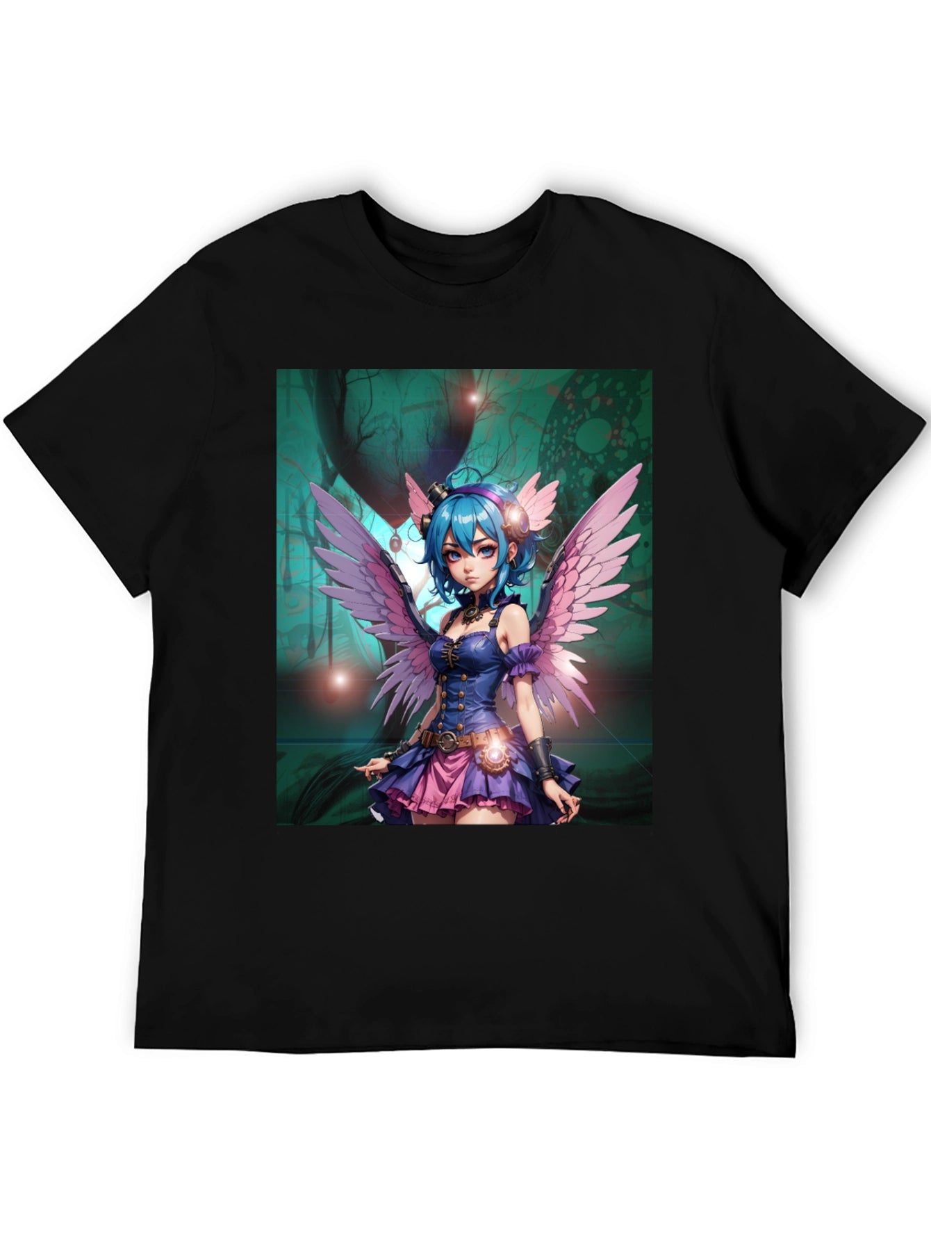 Anime Fairy Graphic Tee - Steampunk Wings Black T-Shirt