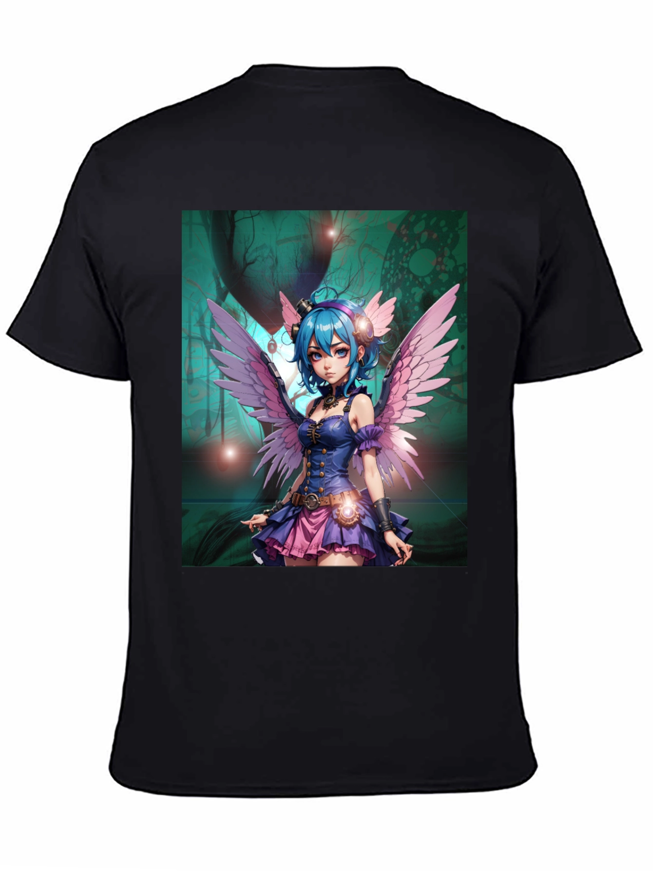 Anime Fairy Graphic Tee - Steampunk Wings Black T-Shirt