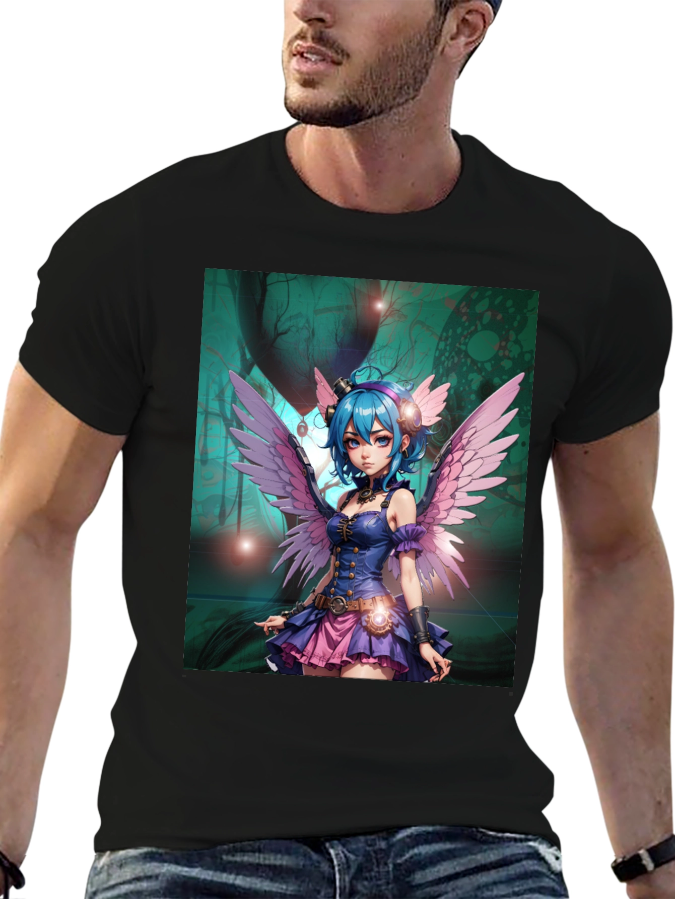 Anime Fairy Graphic Tee - Steampunk Wings Black T-Shirt