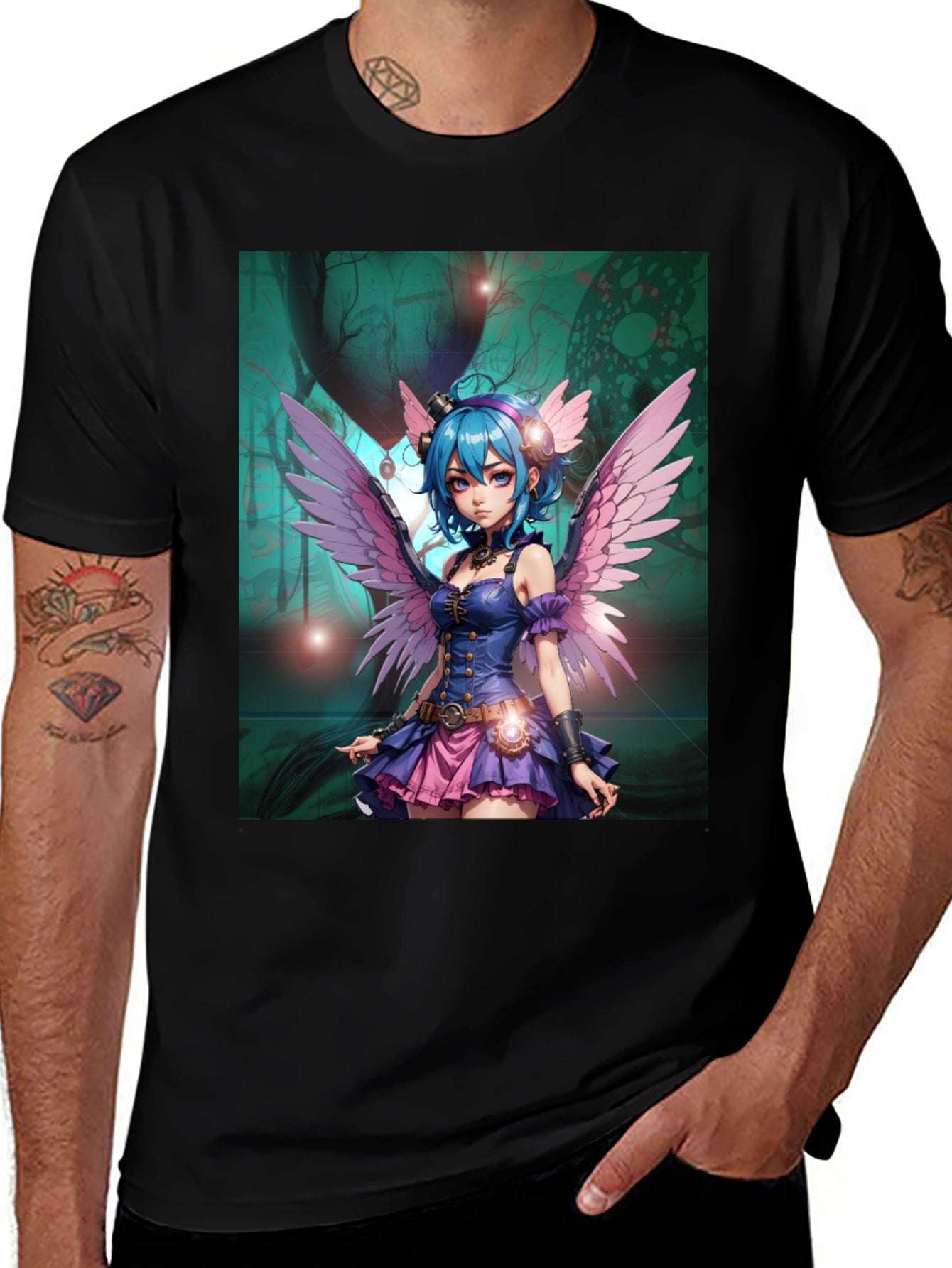 Anime Fairy Graphic Tee - Steampunk Wings Black T-Shirt