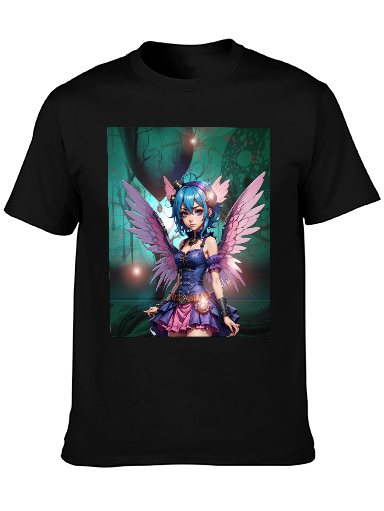 Anime Fairy Graphic Tee - Steampunk Wings Black T-Shirt