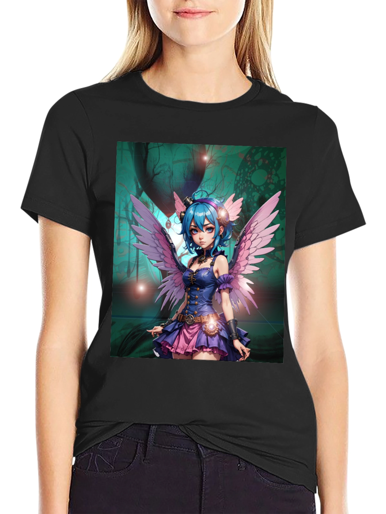 Anime Fairy Graphic Tee - Steampunk Wings Black T-Shirt