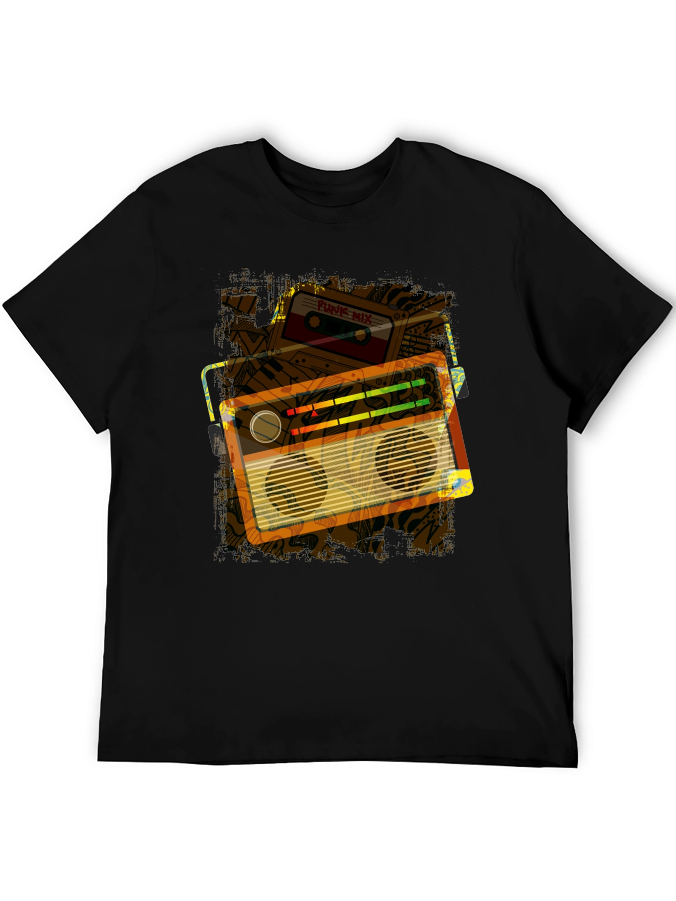 Retro Boombox & Cassette Graphic Tee - Black