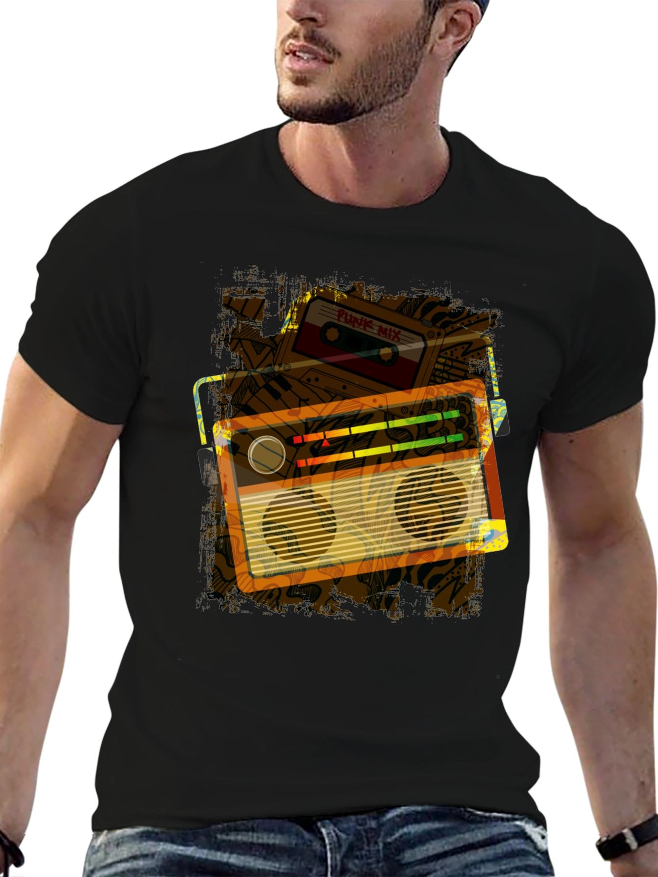 Retro Boombox & Cassette Graphic Tee - Black