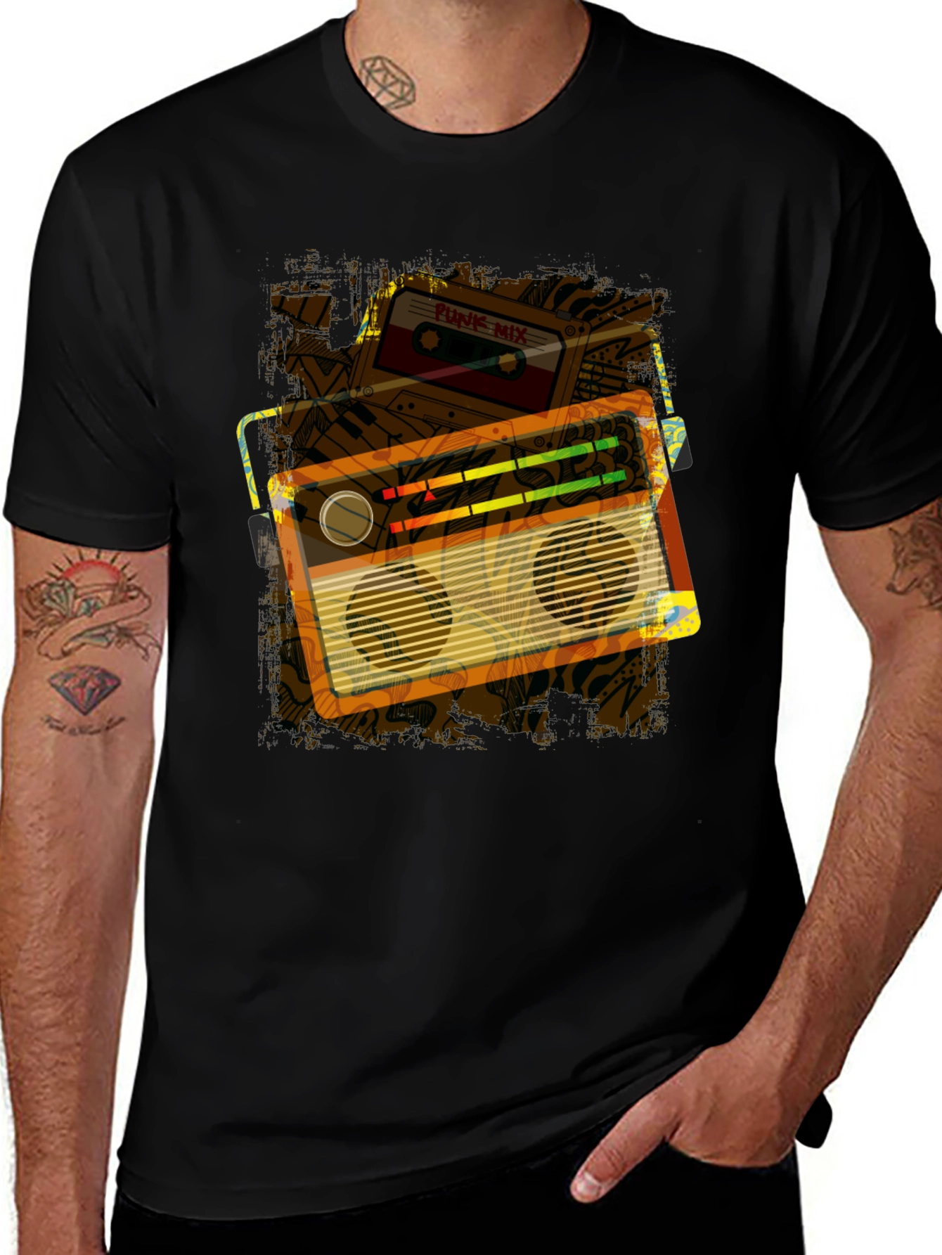 Retro Boombox & Cassette Graphic Tee - Black