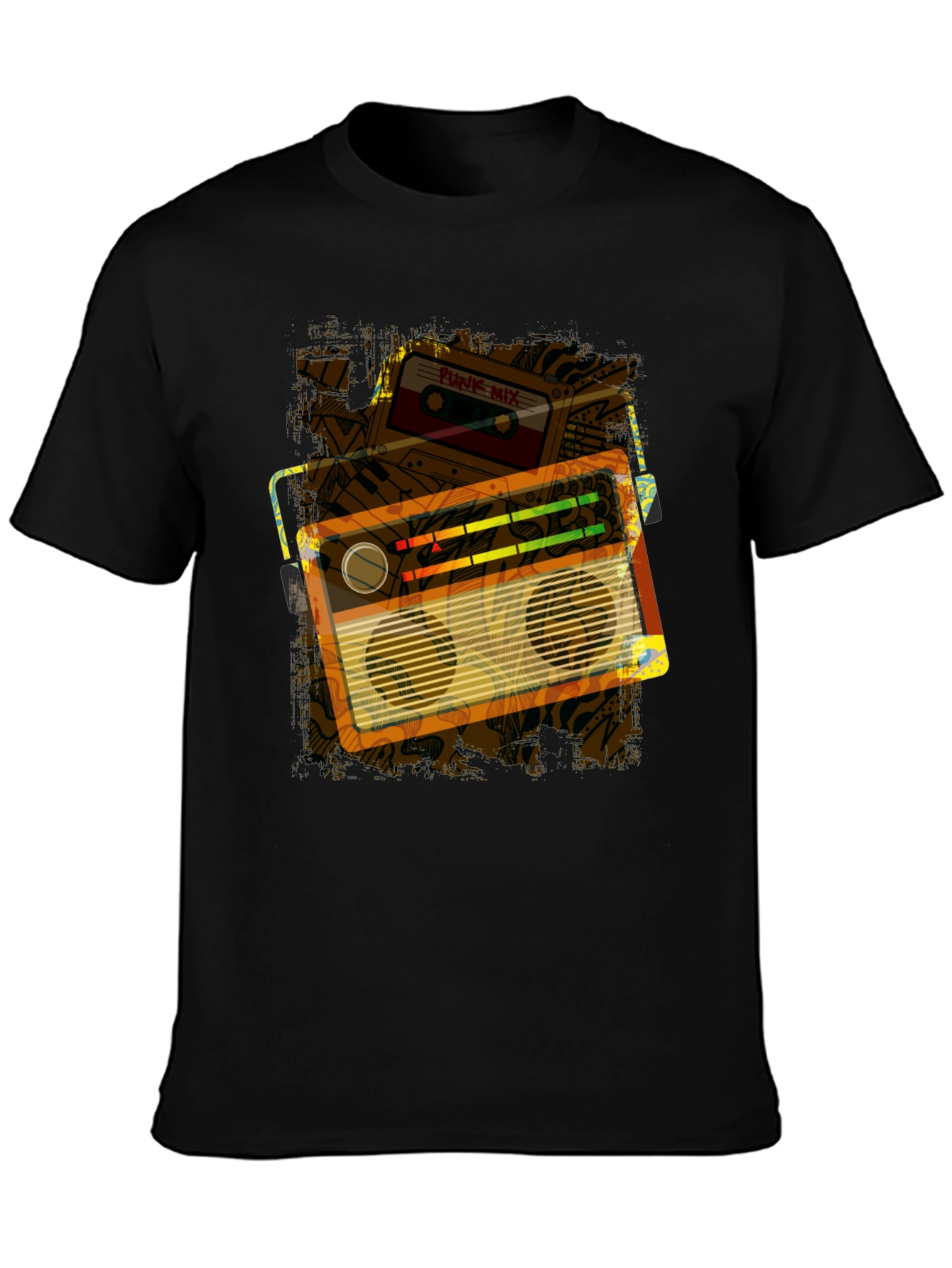 Retro Boombox & Cassette Graphic Tee - Black