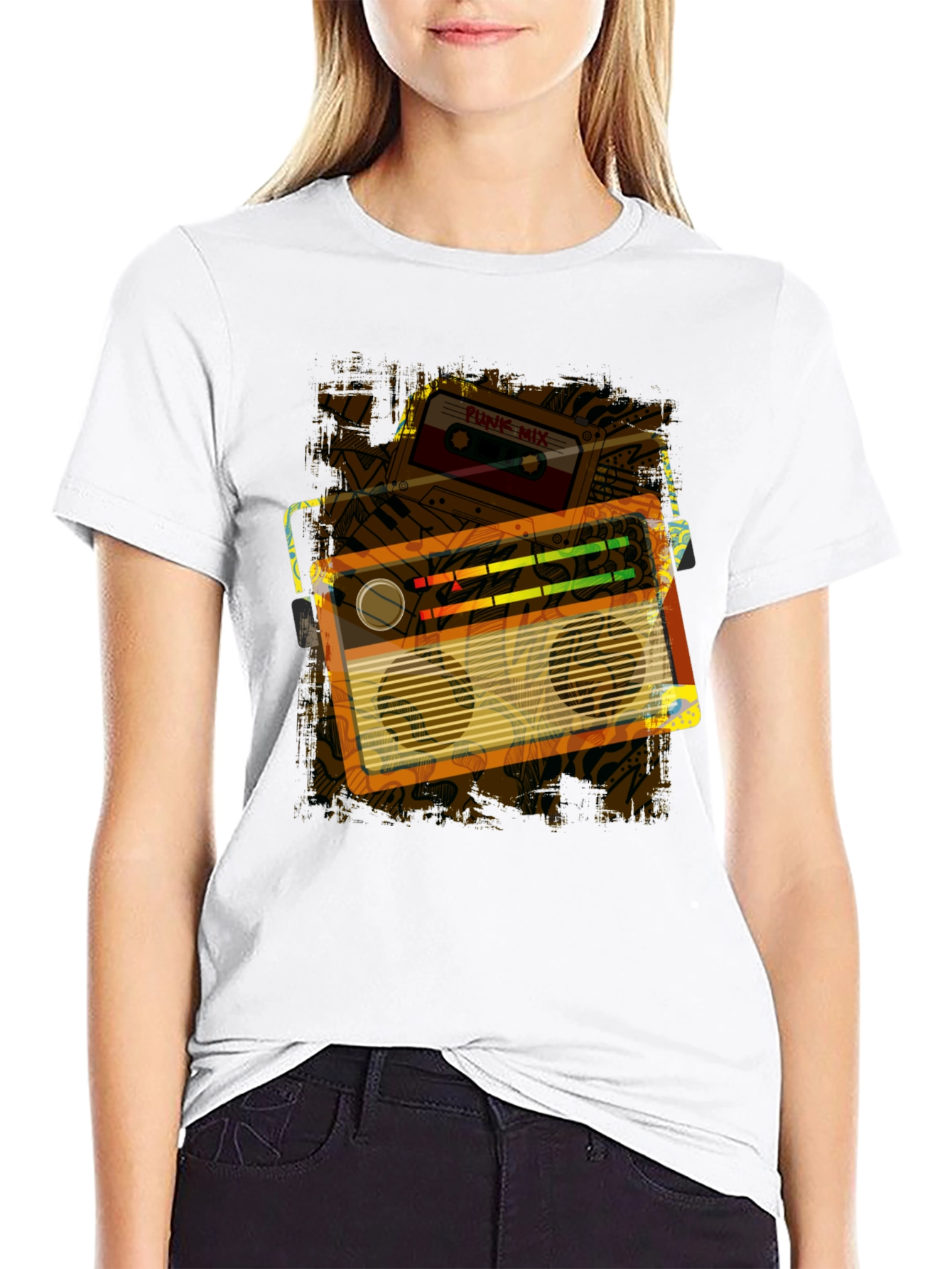 Retro Boombox & Cassette Graphic Tee - Black