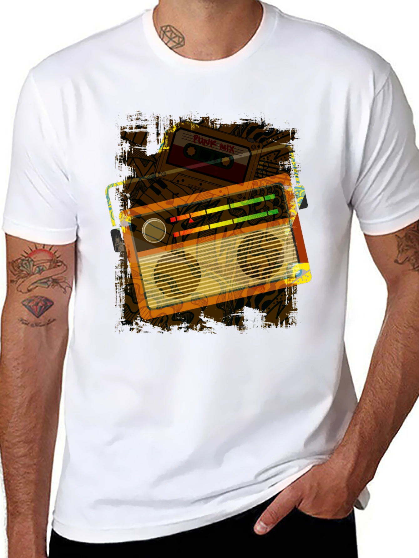 Retro Boombox & Cassette Graphic Tee - Black