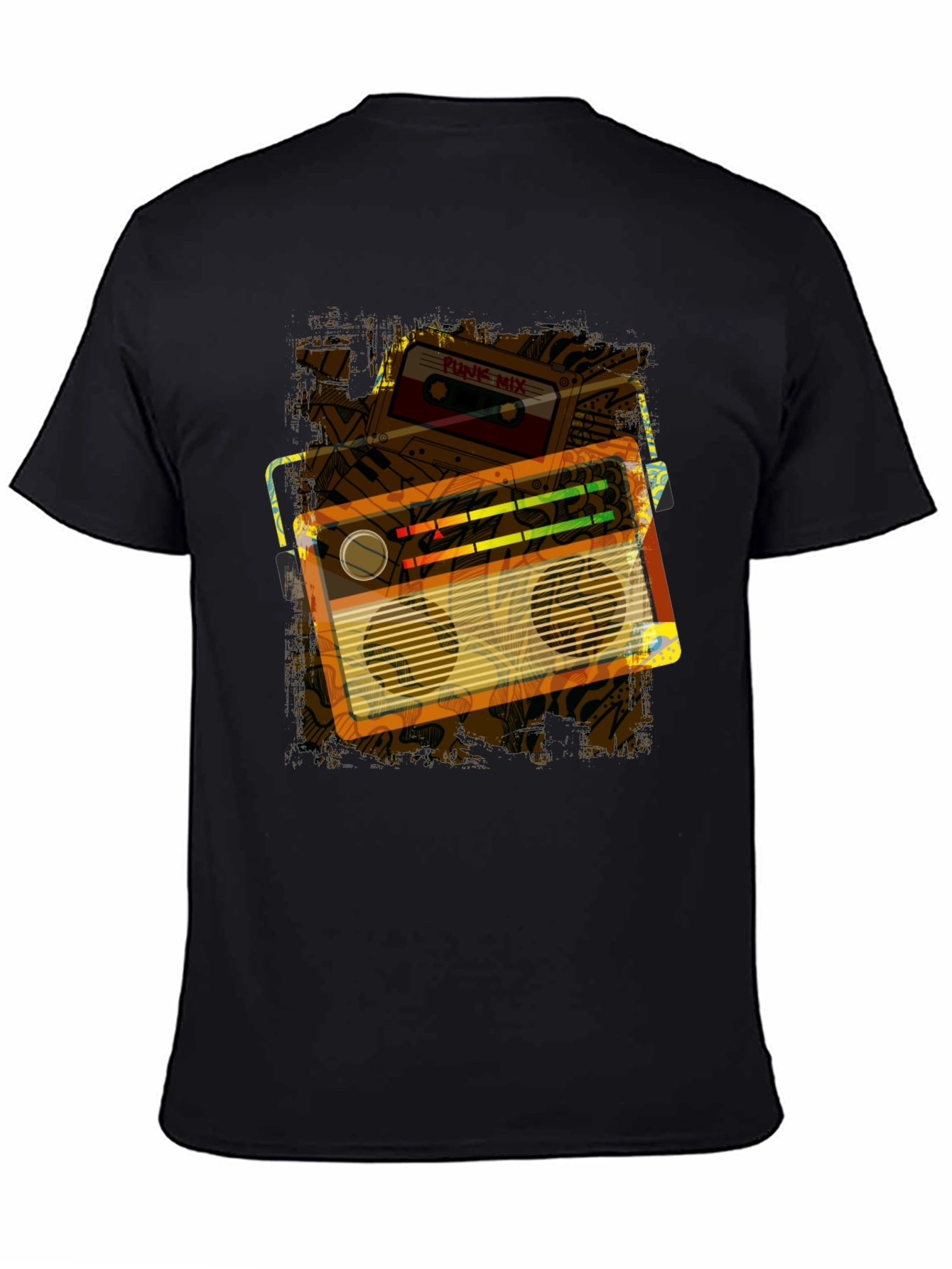 Retro Boombox & Cassette Graphic Tee - Black