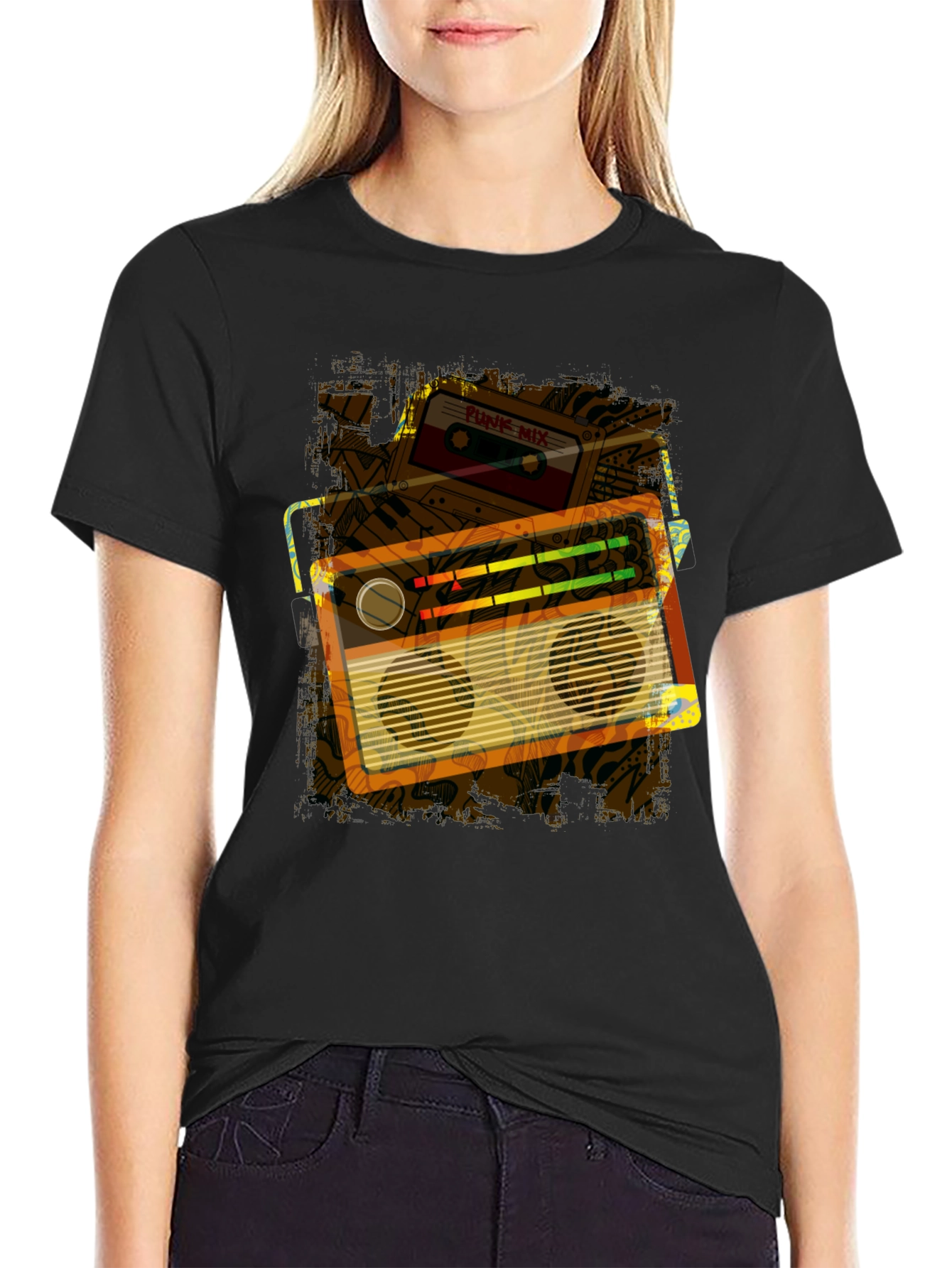 Retro Boombox & Cassette Graphic Tee - Black