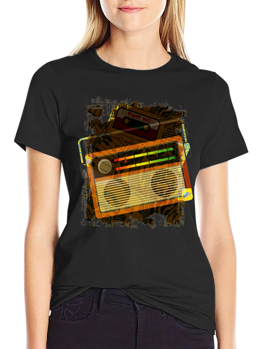 Retro Boombox & Cassette Graphic Tee - Black