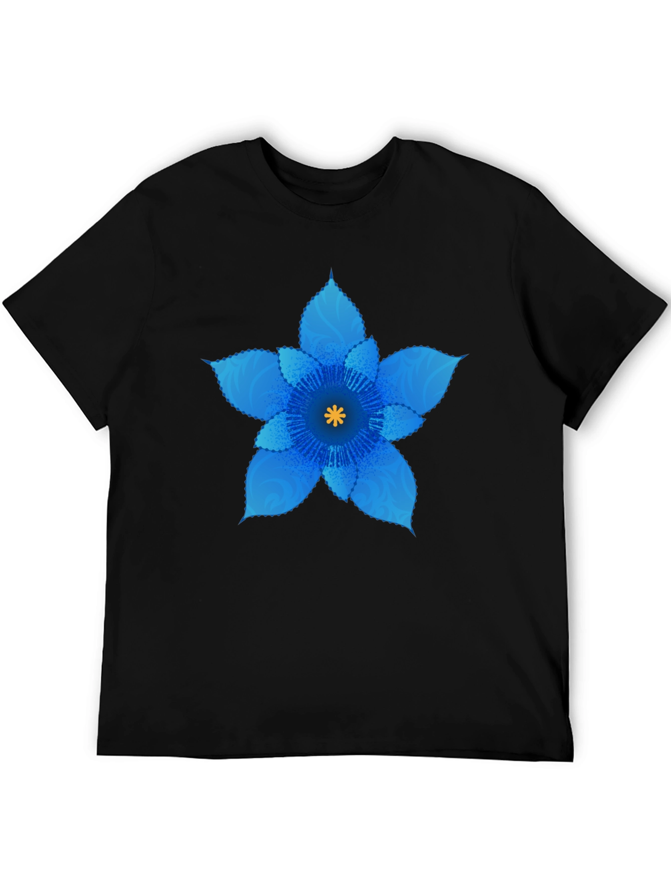 Blue Flower Graphic Black T-Shirt