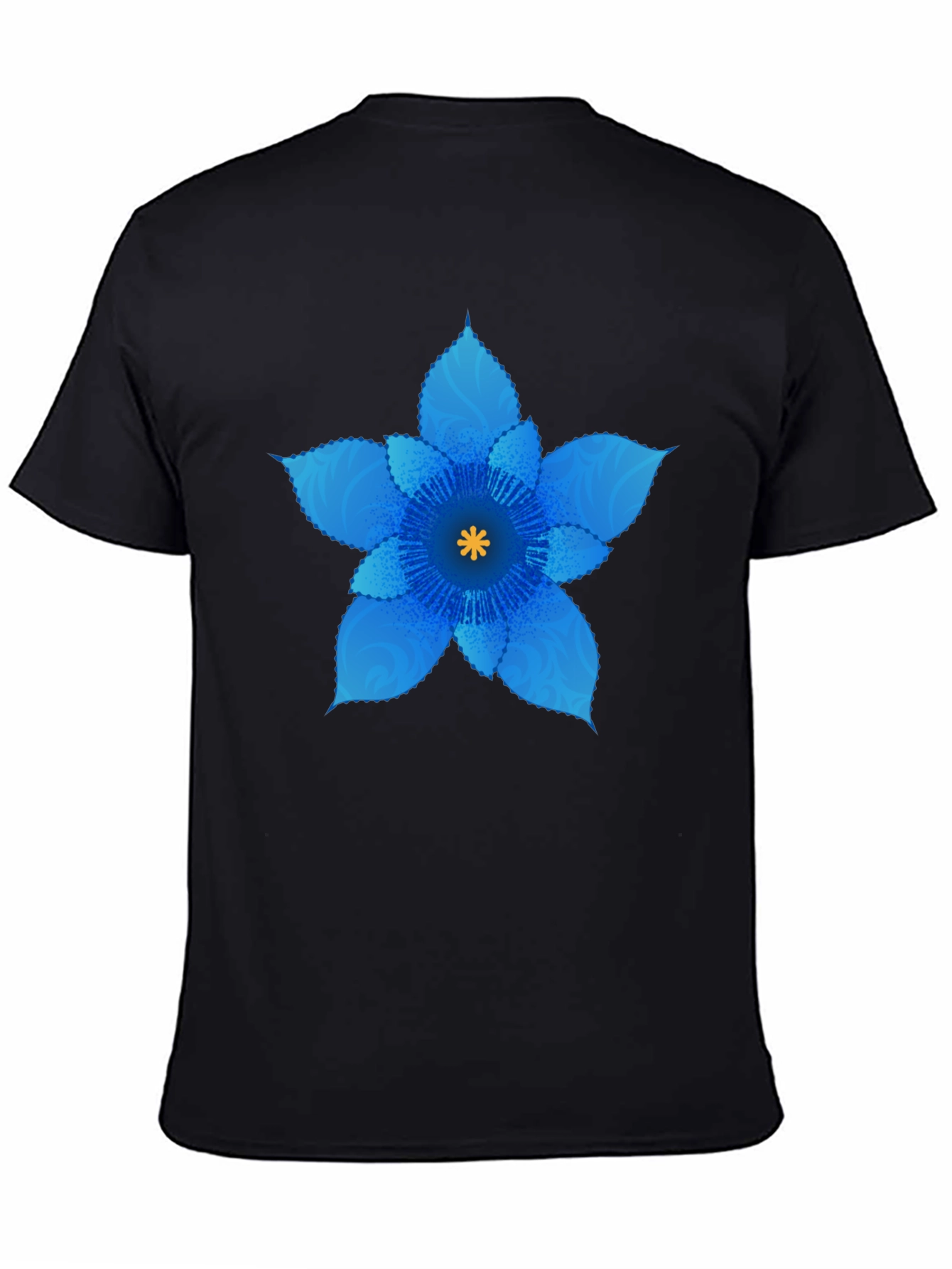 Blue Flower Graphic Black T-Shirt
