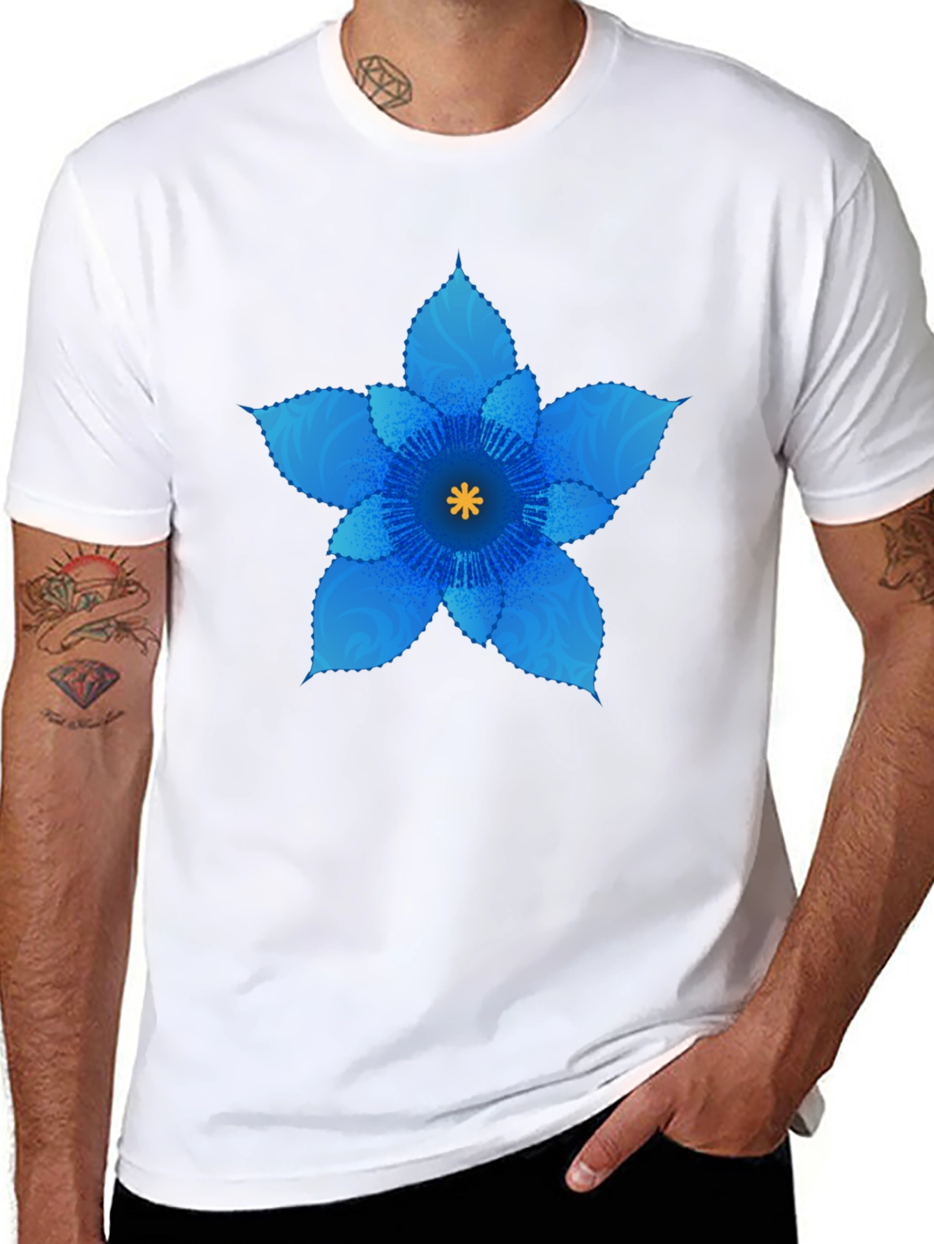 Blue Flower Graphic Black T-Shirt